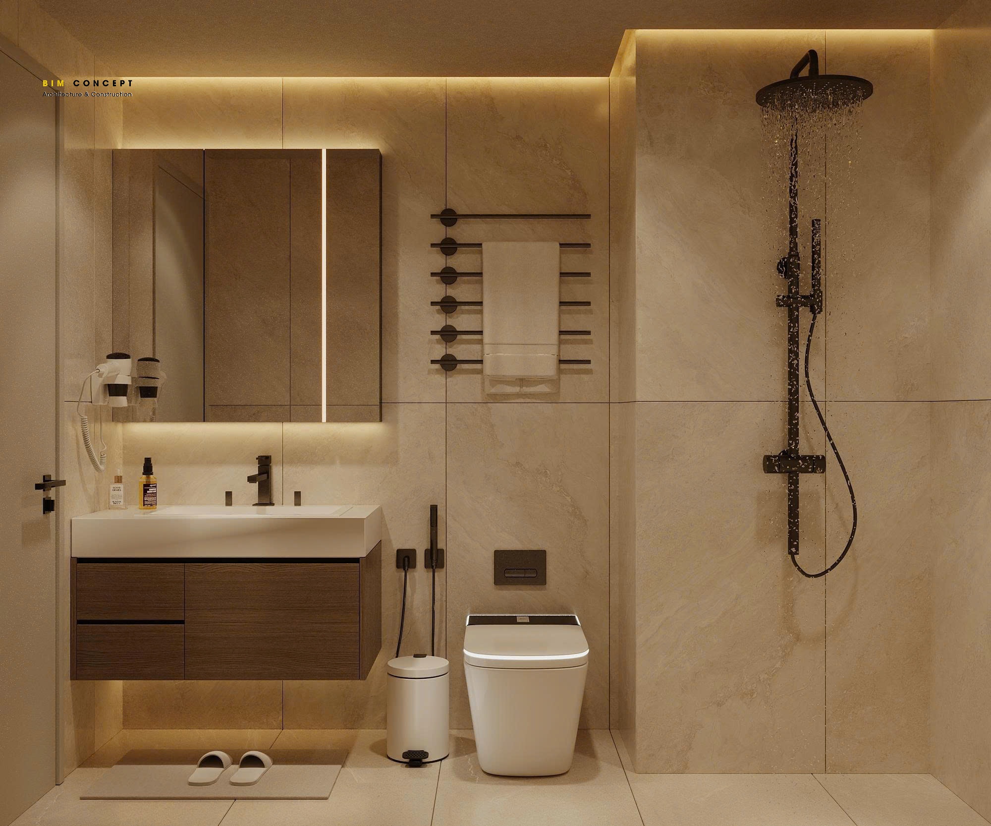Phòng vệ sinh gọn gàng với lavabo treo tường hiện đại