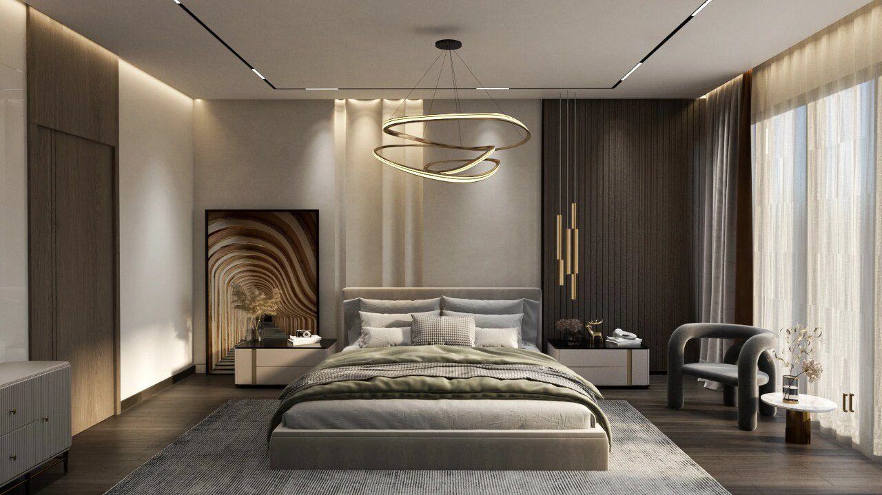 Trang trí bằng những phụ kiện kim loại cho phòng ngủ màu nâu.