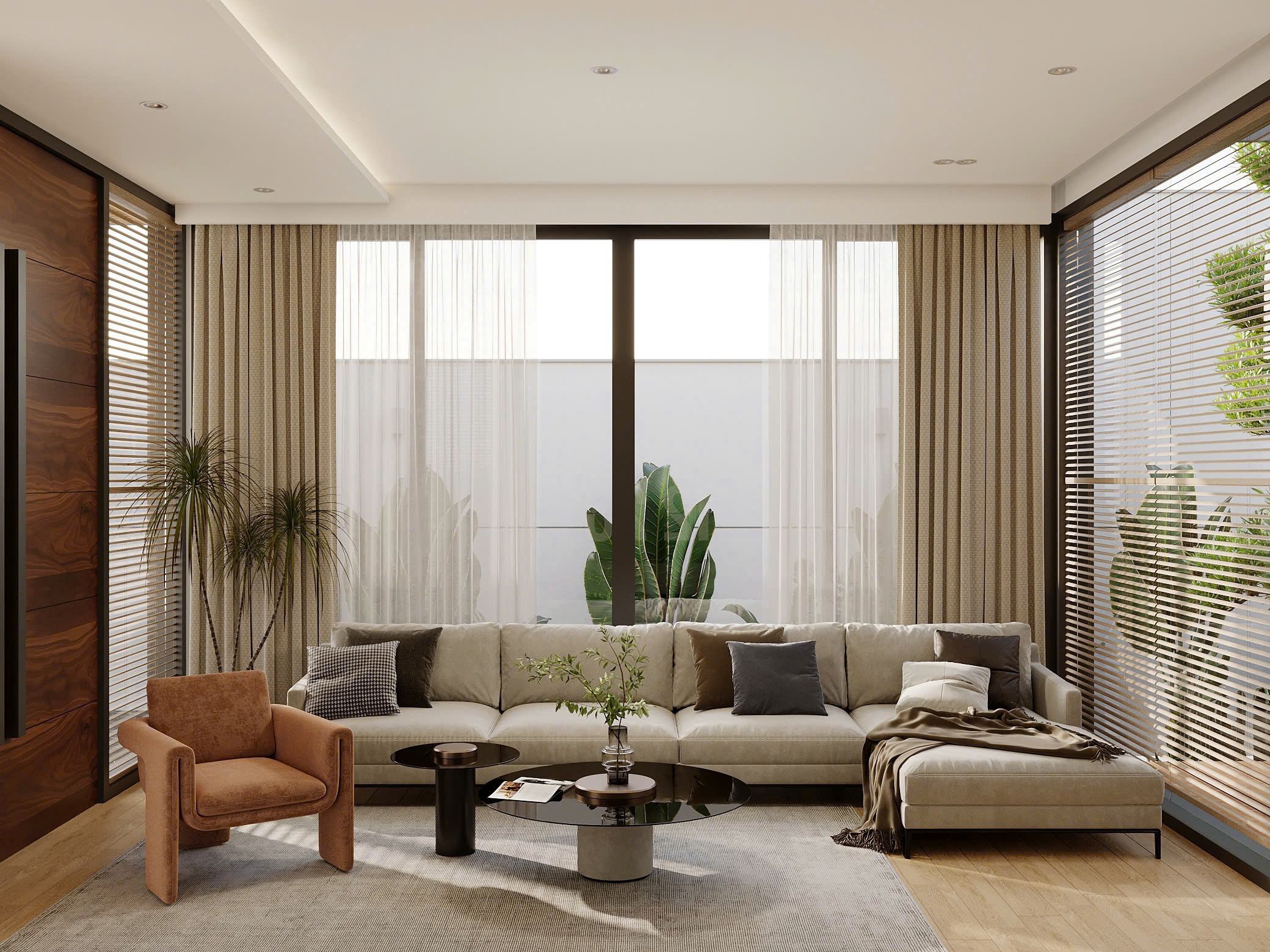 Sofa chữ L, view sân vườn, nội thất nhà cấp 4.