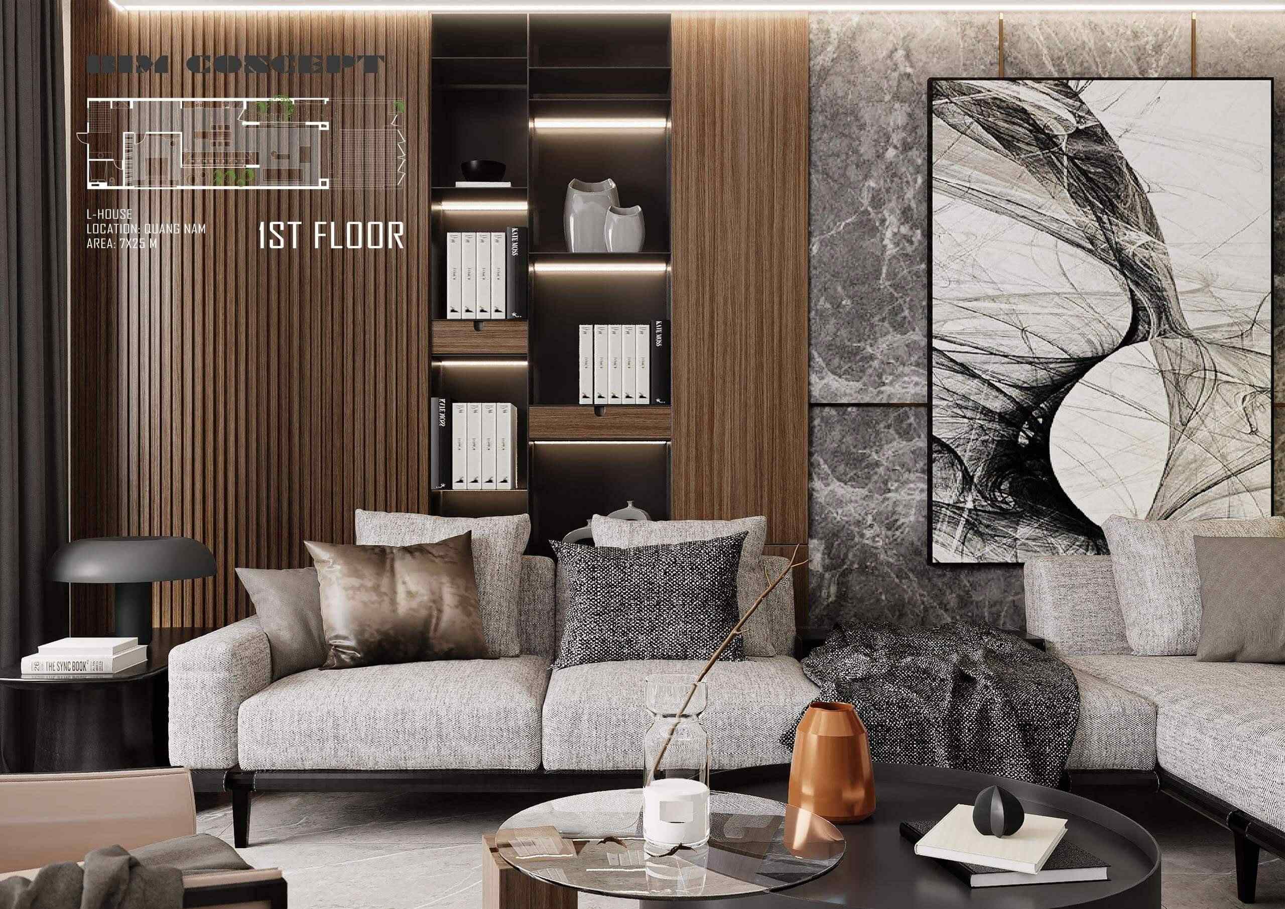 Sofa êm ái, gối tựa đa dạng, không gian ấm cúng.
