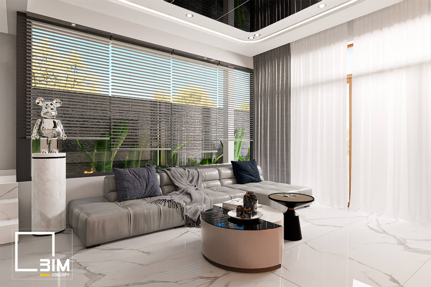 Sofa hiện đại, không gian mở sang trọng.