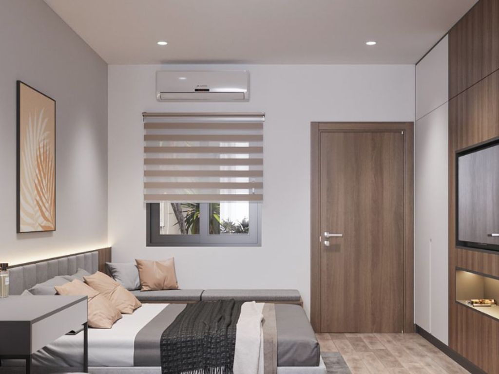 Thiết kế nội thất phòng ngủ nhà ống hiện đại với tông màu trung tính và tối ưu không gian