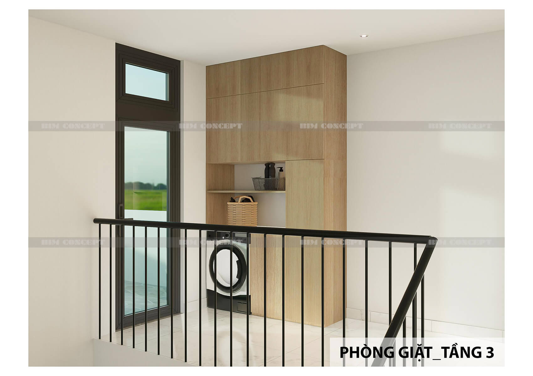 Thiết kế phòng giặt nhỏ gọn với tủ gỗ màu tự nhiên.