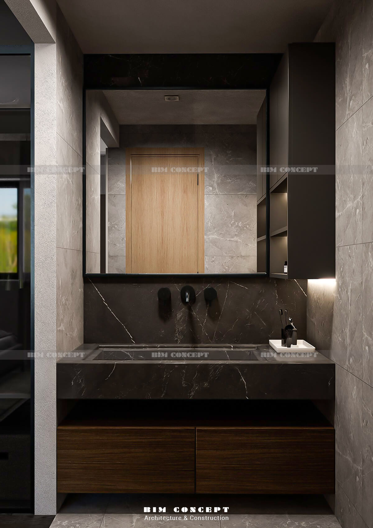 Thiết kế phòng vệ sinh hiện đại với lavabo đá marble đen, gương lớn và tủ gỗ âm tường.
