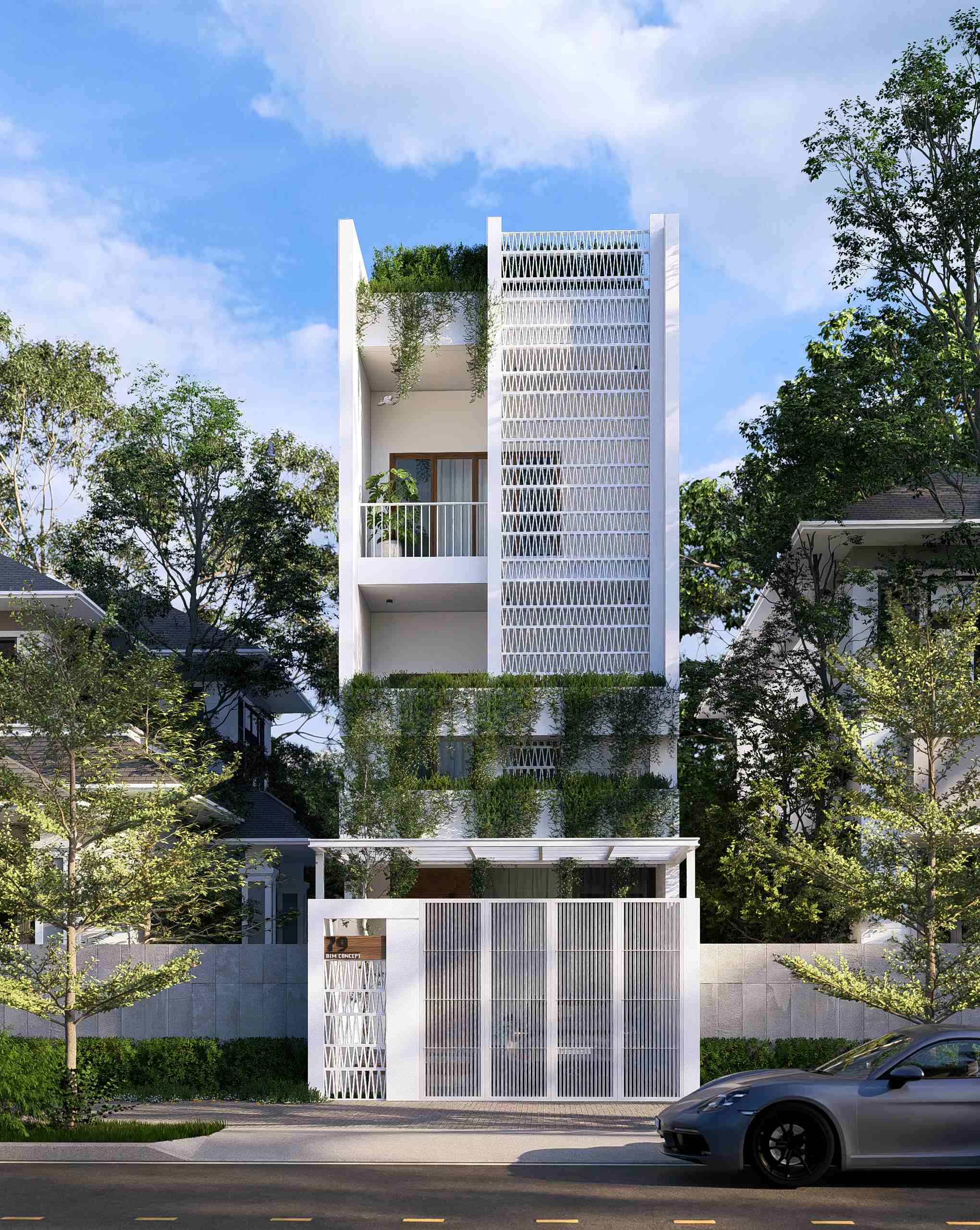 Tổng thể nhà phố 3 tầng hiện đại, cổng thiết kế nan chéo và dọc.