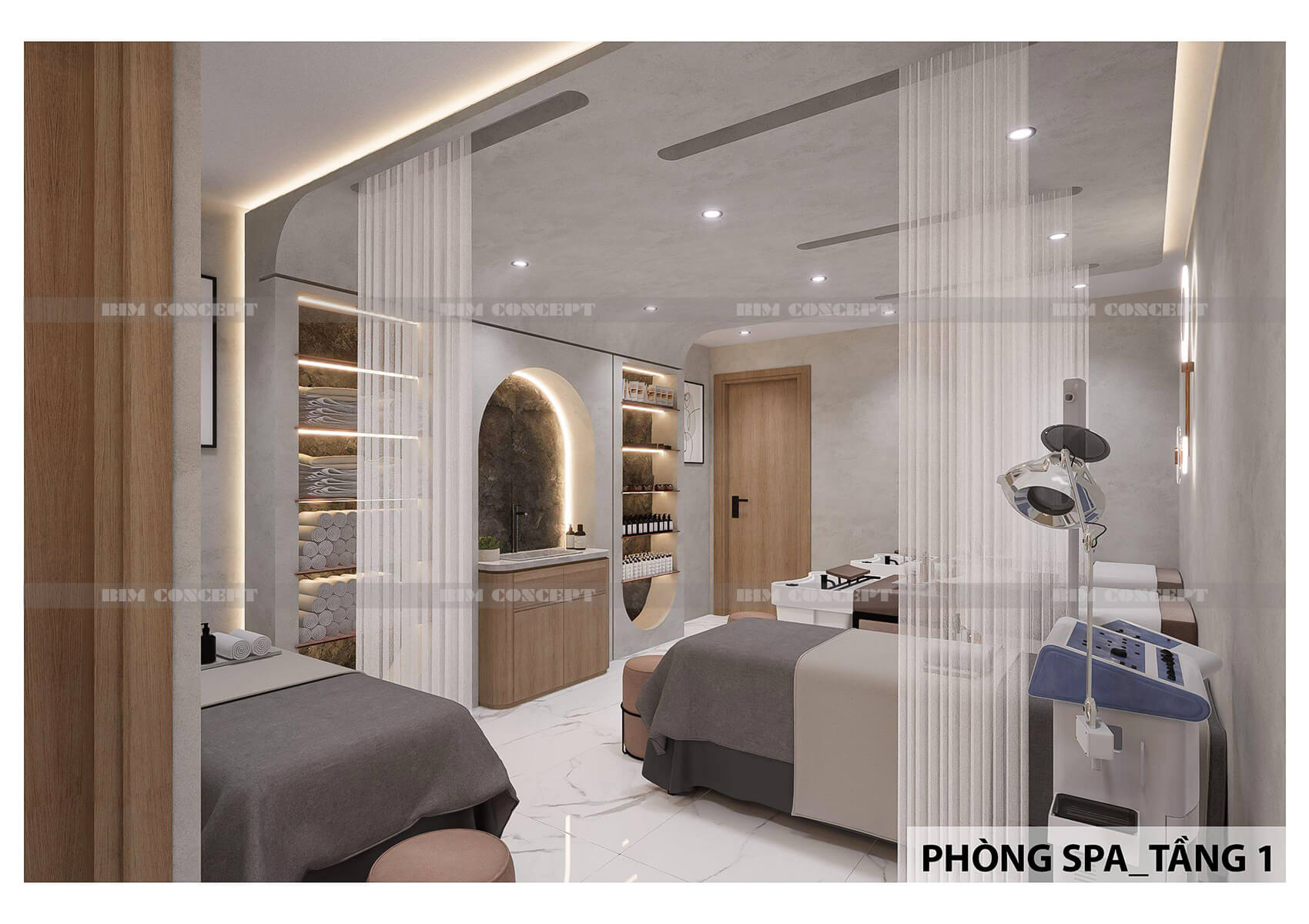 Tổng thể phòng spa hài hòa giữa công năng và thẩm mỹ.