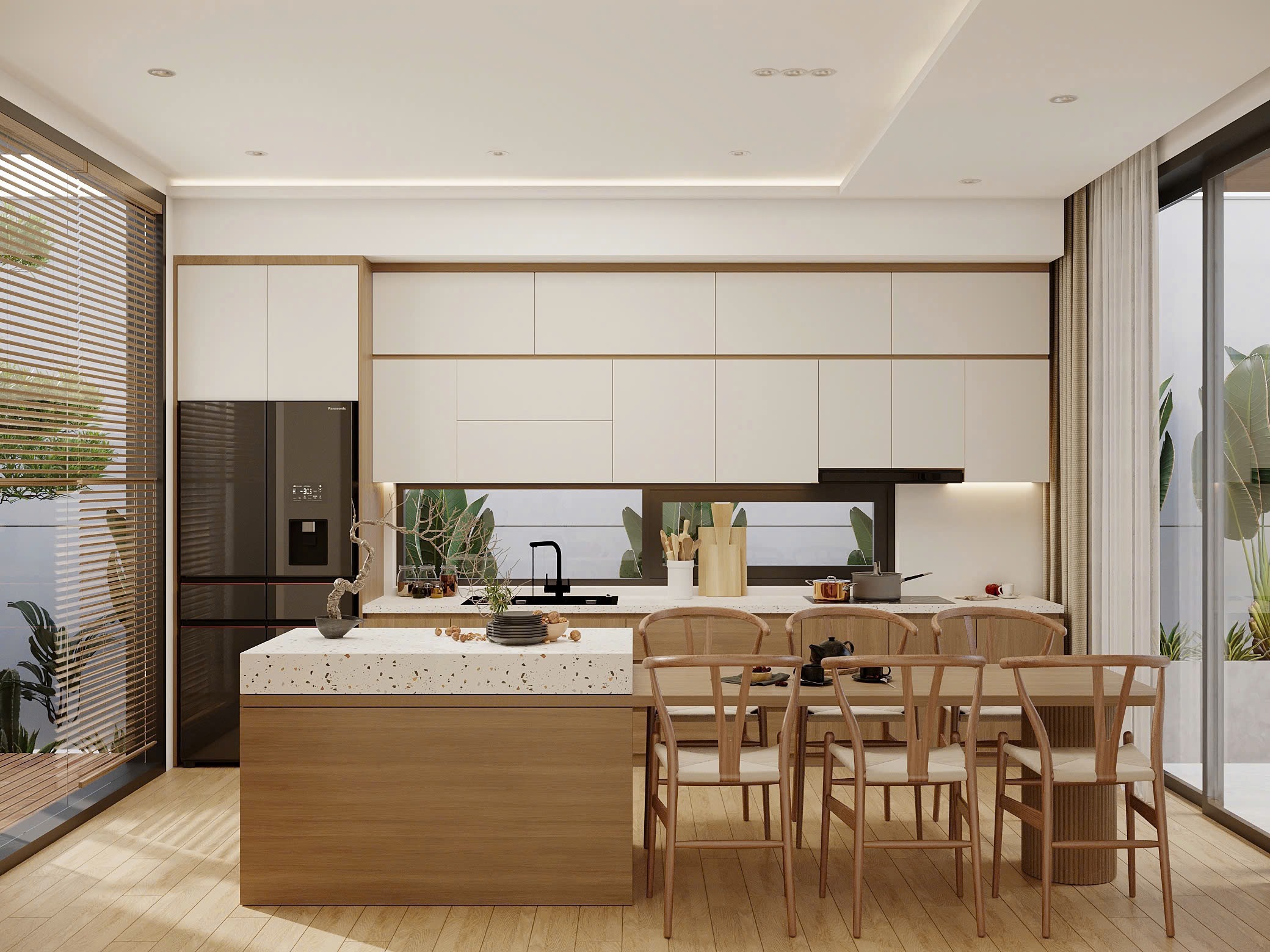 Tủ bếp gỗ sáng, tối giản, sang trọng, nhà cấp 4.