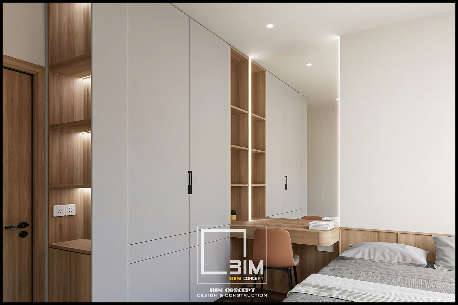 Tủ quần áo âm tường, bàn trang điểm tích hợp gọn gàng.