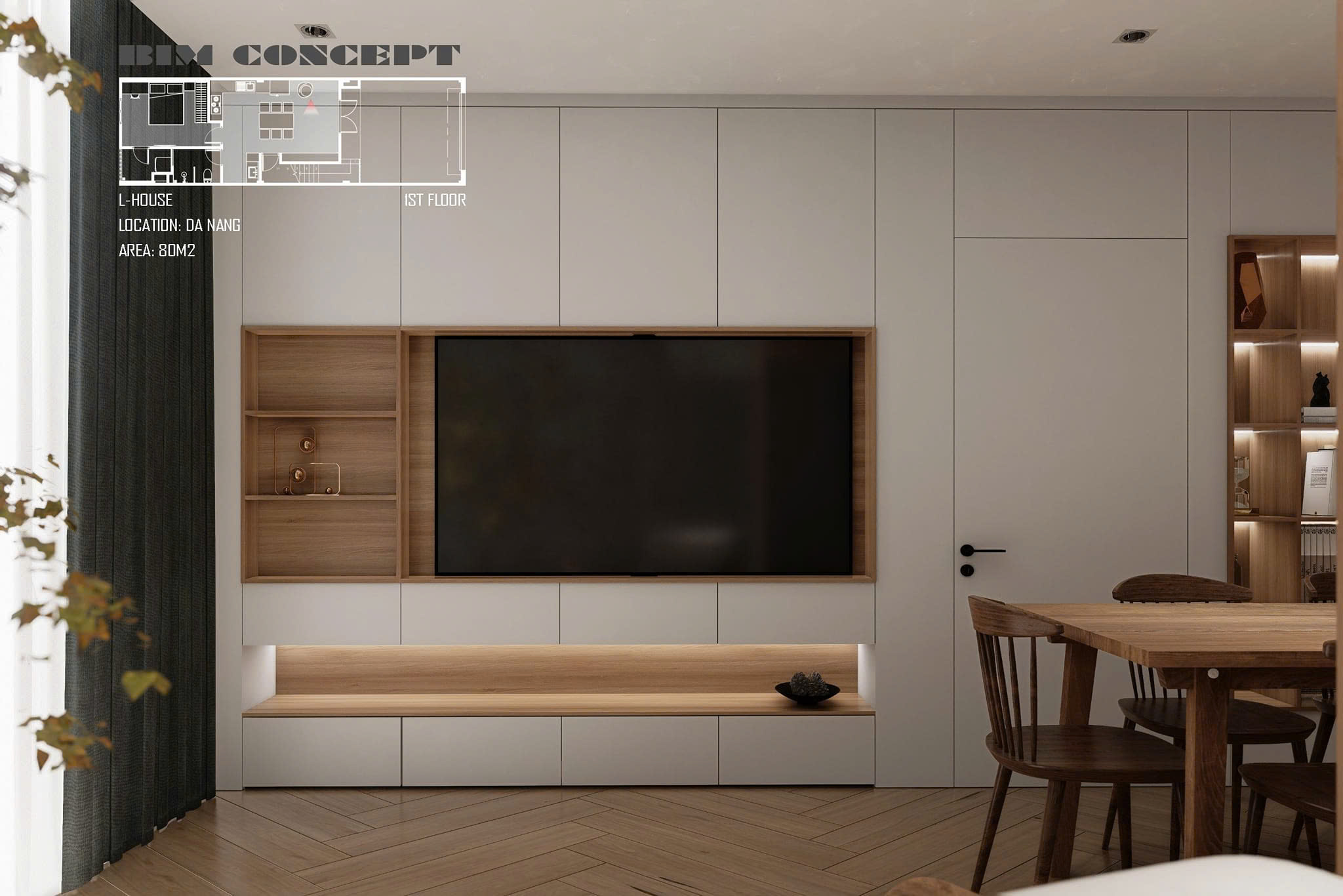 Tủ tivi cao đụng trần tích hợp kệ trang trí cho phòng khách