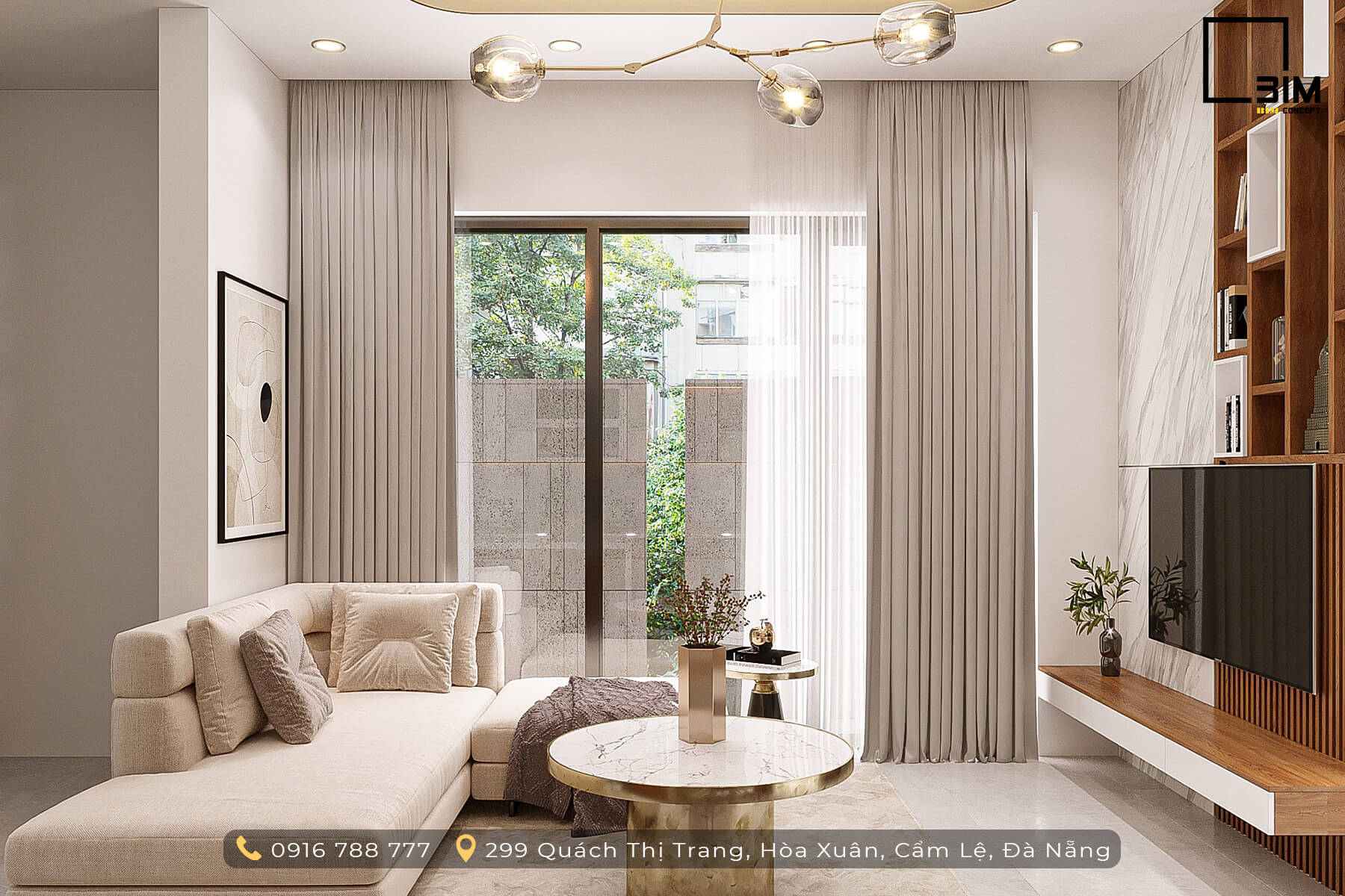Phòng khách với sofa góc và cửa sổ lớn