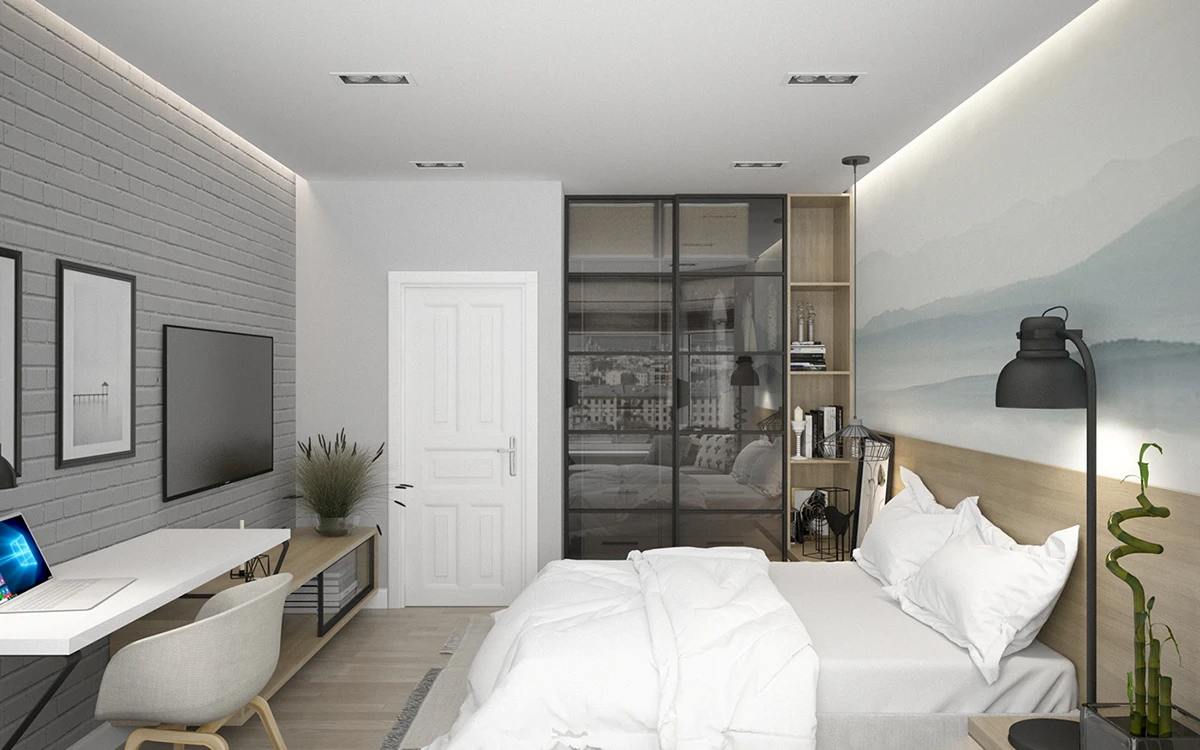 Phòng ngủ màu trắng Bắc Âu hiện đại, tinh tế