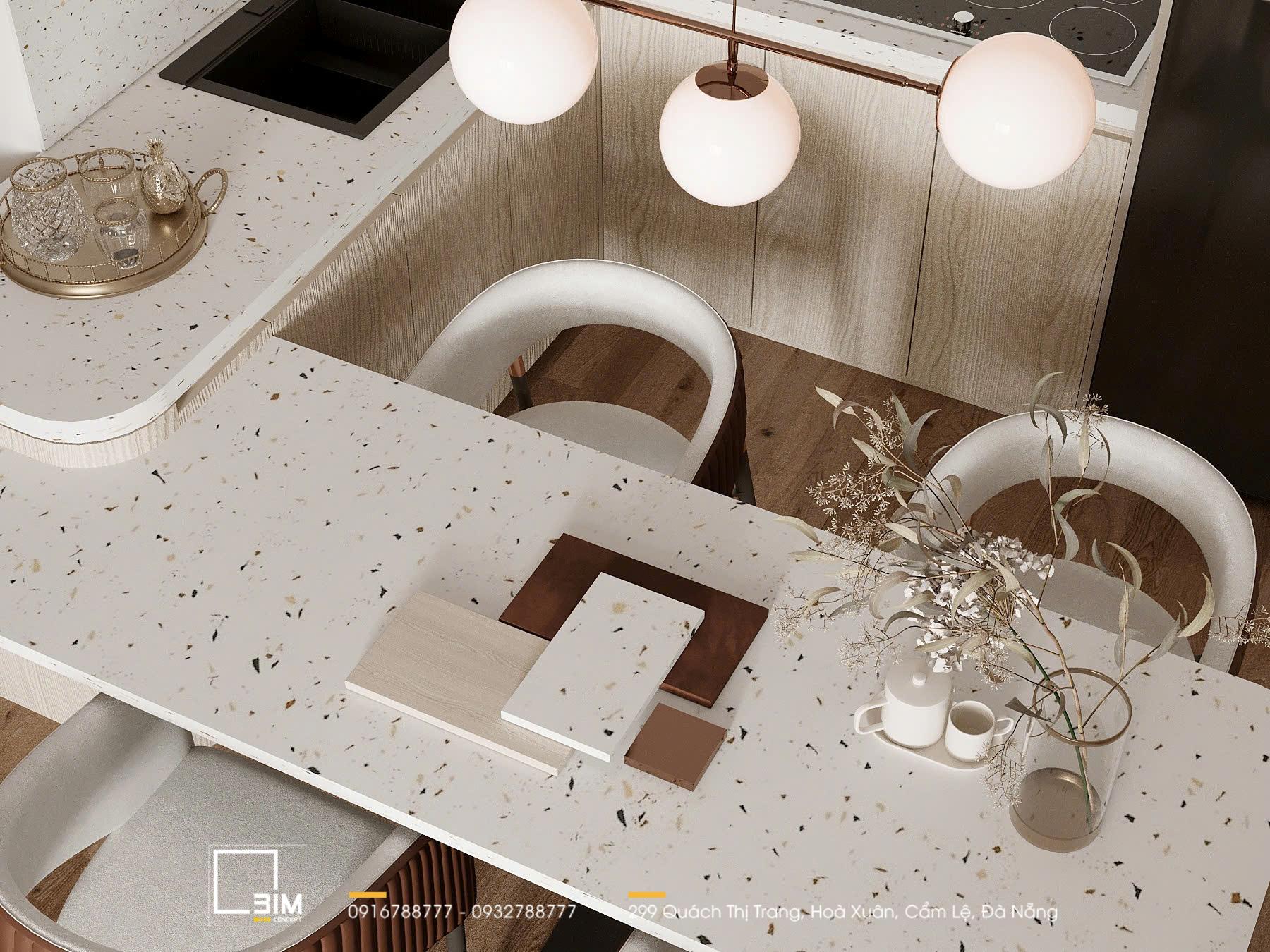 Bàn bếp đá cao cấp, decor đèn chùm ấn tượng