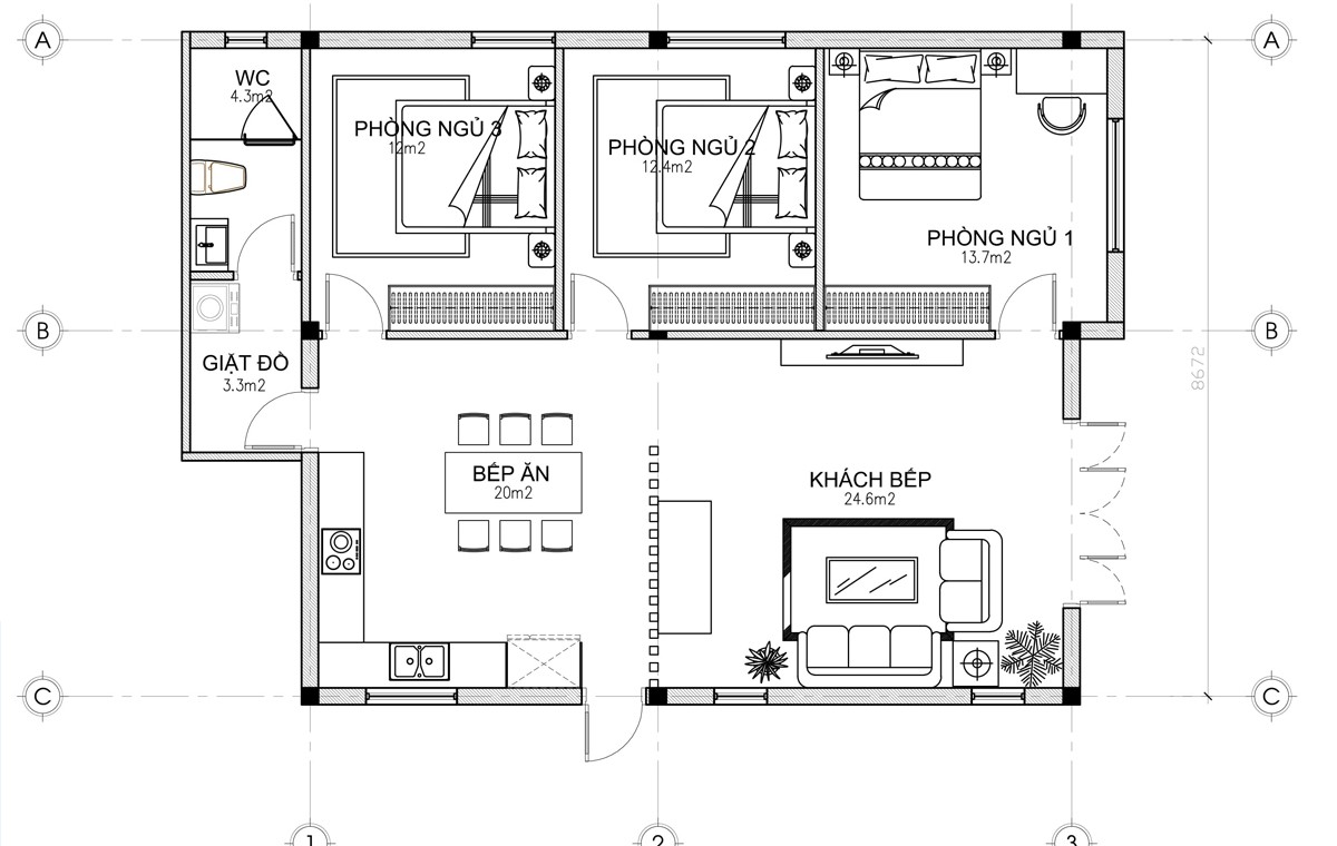 Bản vẽ nhà cấp 4 mái bằng 3 phòng ngủ 100m2