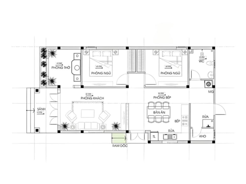Bản vẽ nhà cấp 4 mái Thái 5x20m nông thôn
