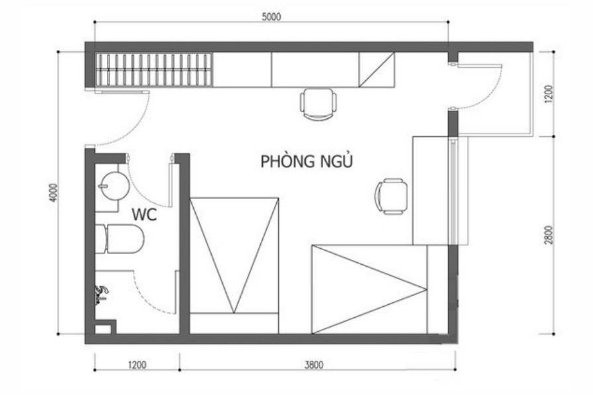 Bản vẽ phòng ngủ 20m2 với 2 giường ngủ