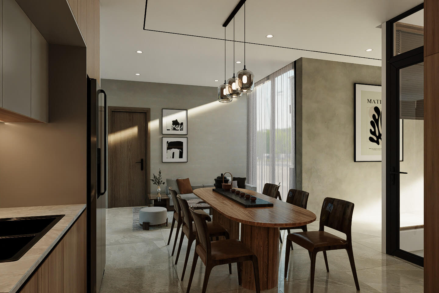 Bếp ăn mở kết nối với phòng khách nhà vườn cấp 4