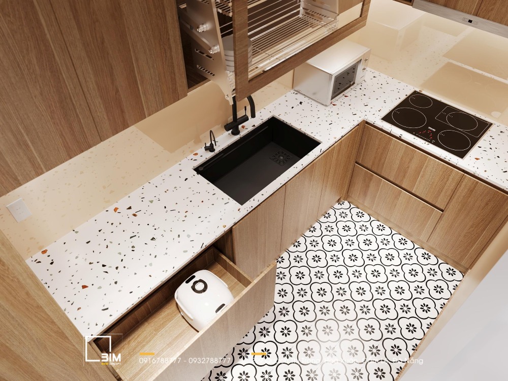 Bếp chữ L, mặt đá terrazzo, bồn rửa và bếp từ âm