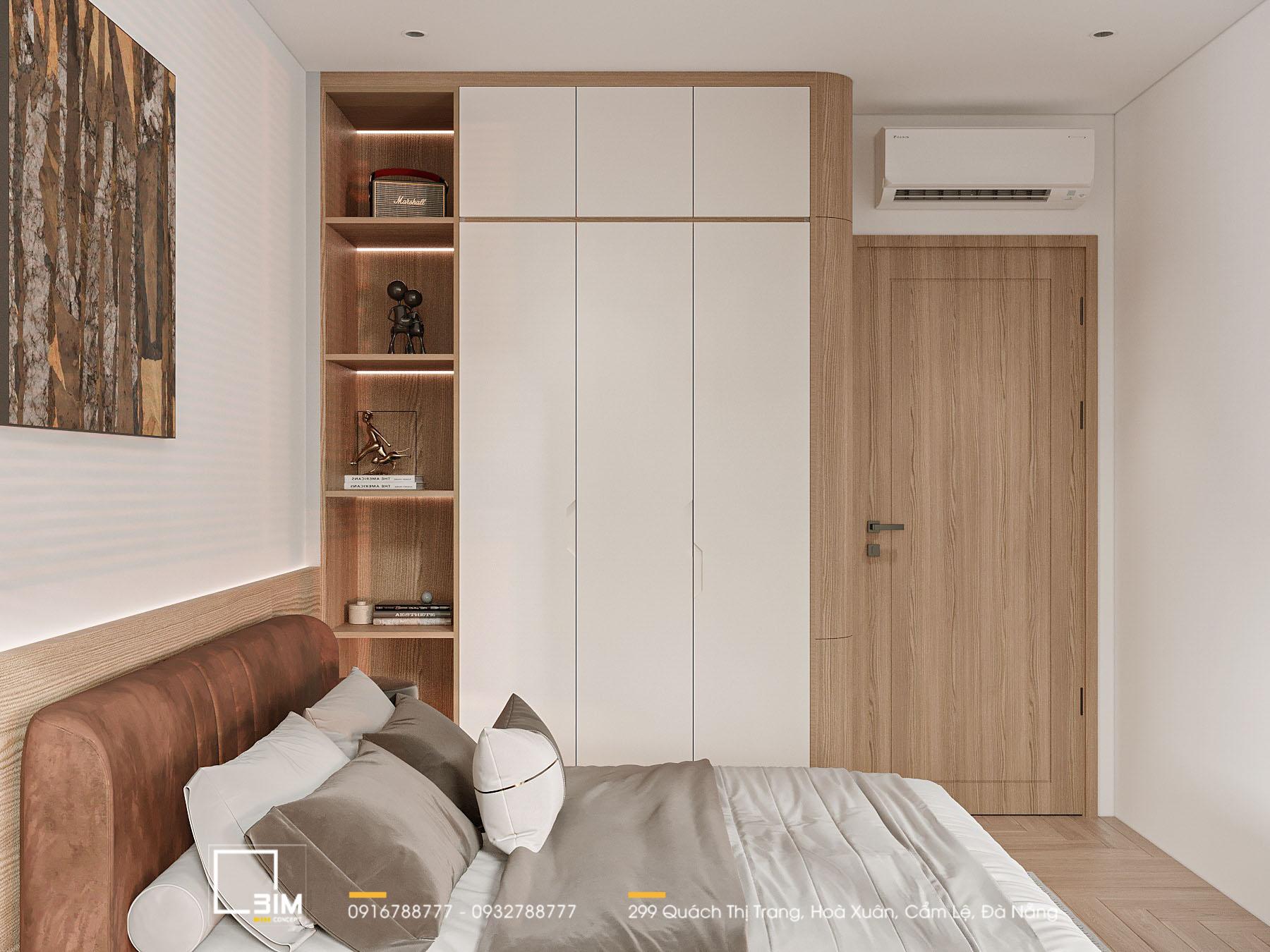 Cận cảnh giường ngủ, tủ quần áo tích hợp, phong cách hiện đại