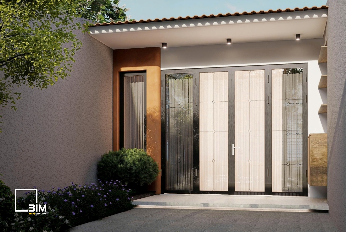 Chi tiết thiết kế kiến trúc nhà cấp 4 với cửa kính lớn