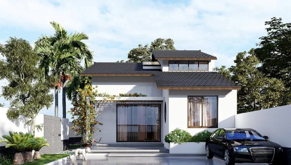 Nhà gác lửng nhà mái Nhật cửa kính lớn và sân vườn