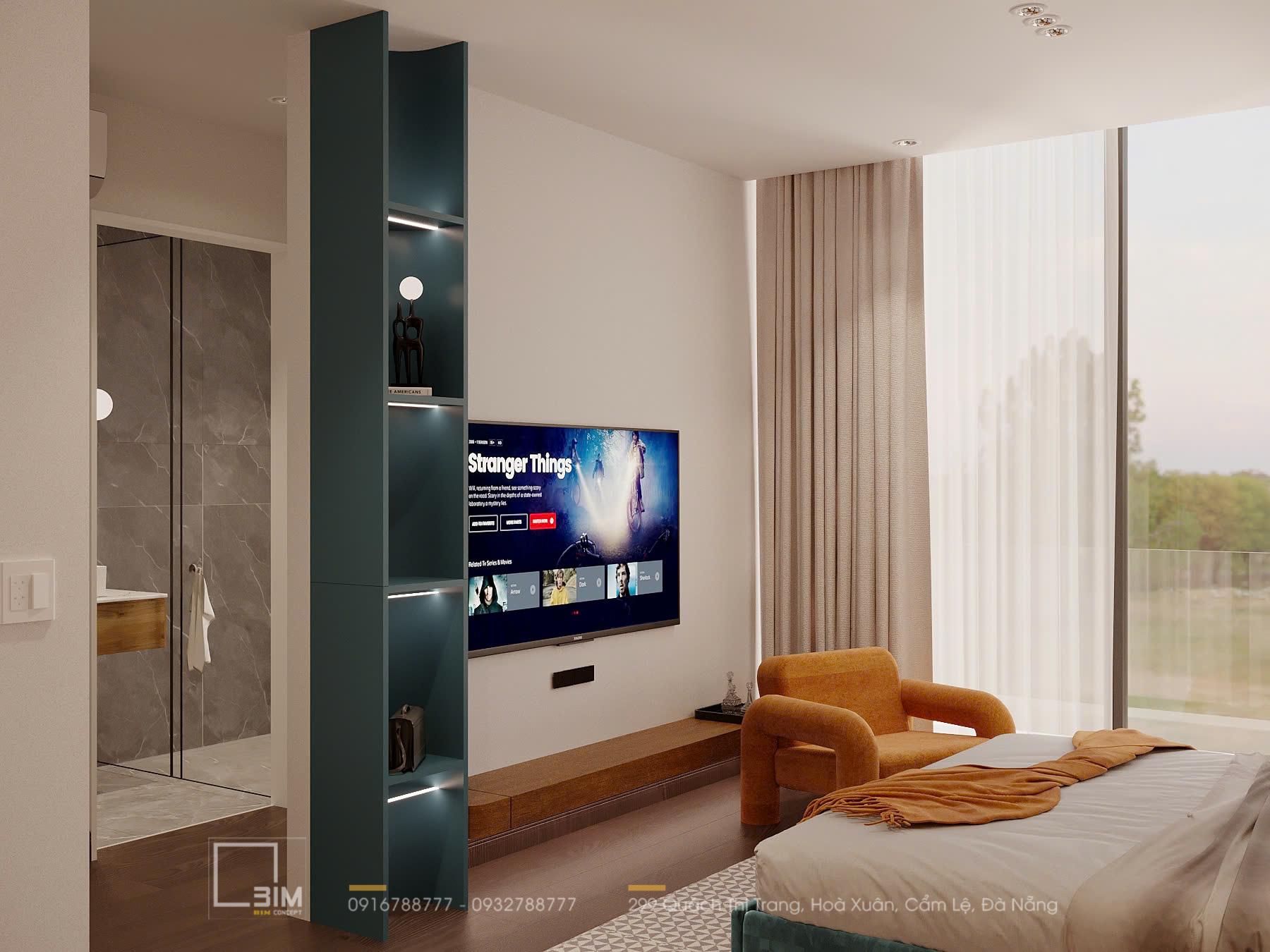 Ghế sofa cam đất, tủ gỗ sọc, TV treo tường, cửa sổ lớn