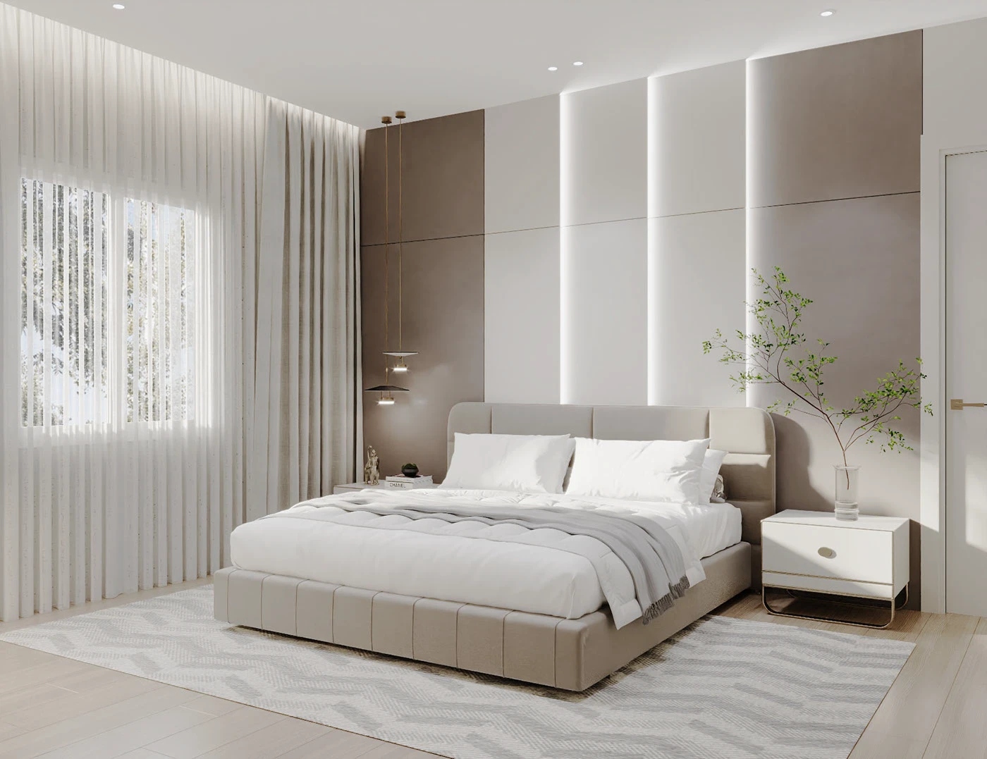 Giường ngủ lớn bọc nệm êm ái, rèm cửa trắng tinh tế