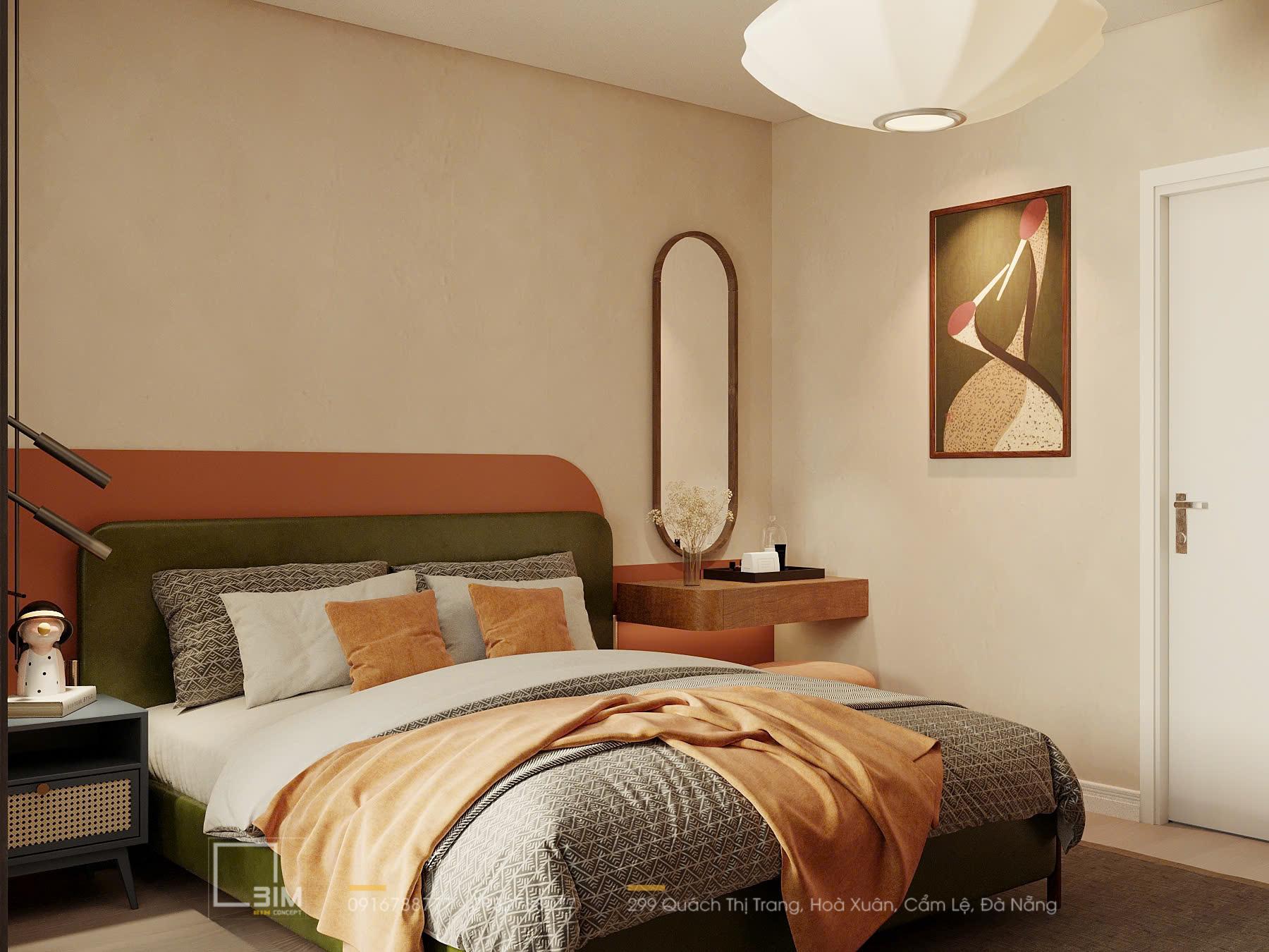 Giường ngủ xanh rêu, bàn trang điểm lửng, gương oval