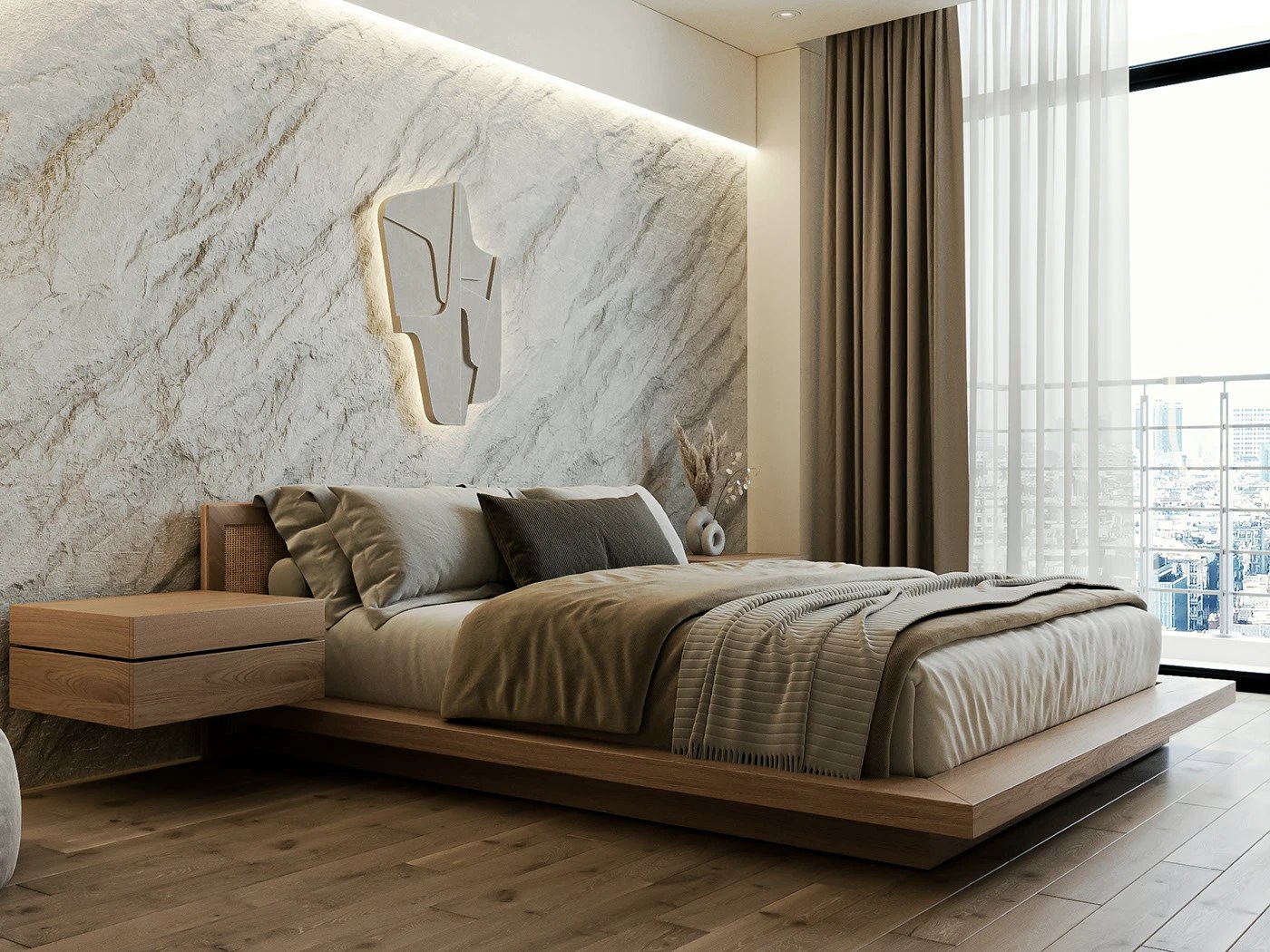 Góc nghiêng phòng ngủ, tường đá ấn tượng