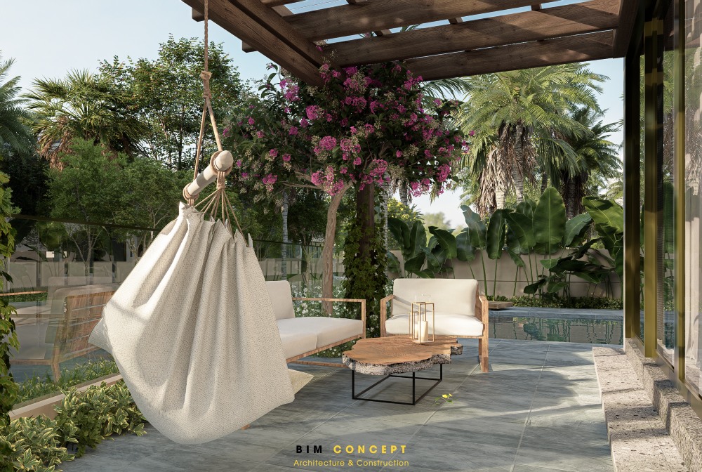 Góc thư giãn ngoài trời sang trọng với sofa và xích đu
