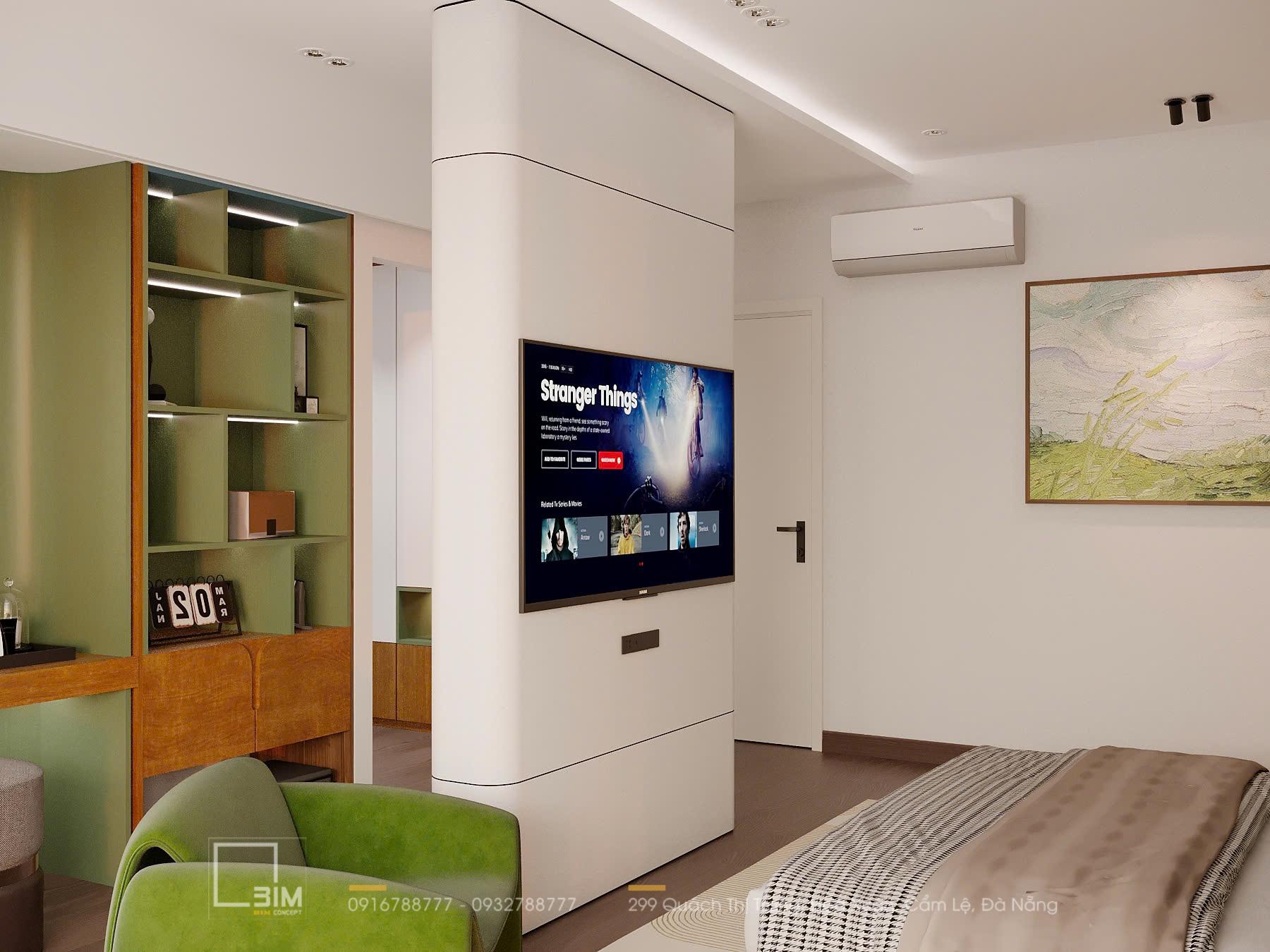Kệ trang trí, TV treo tường, ghế đơn màu xanh rêu