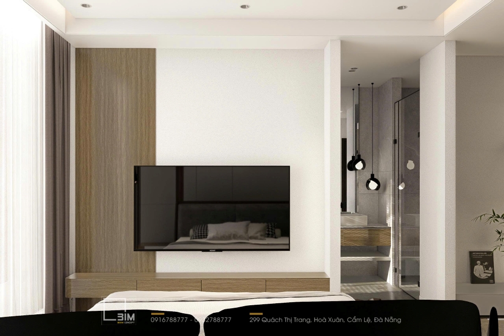 Kệ trang trí và tủ âm tường trong phòng ngủ