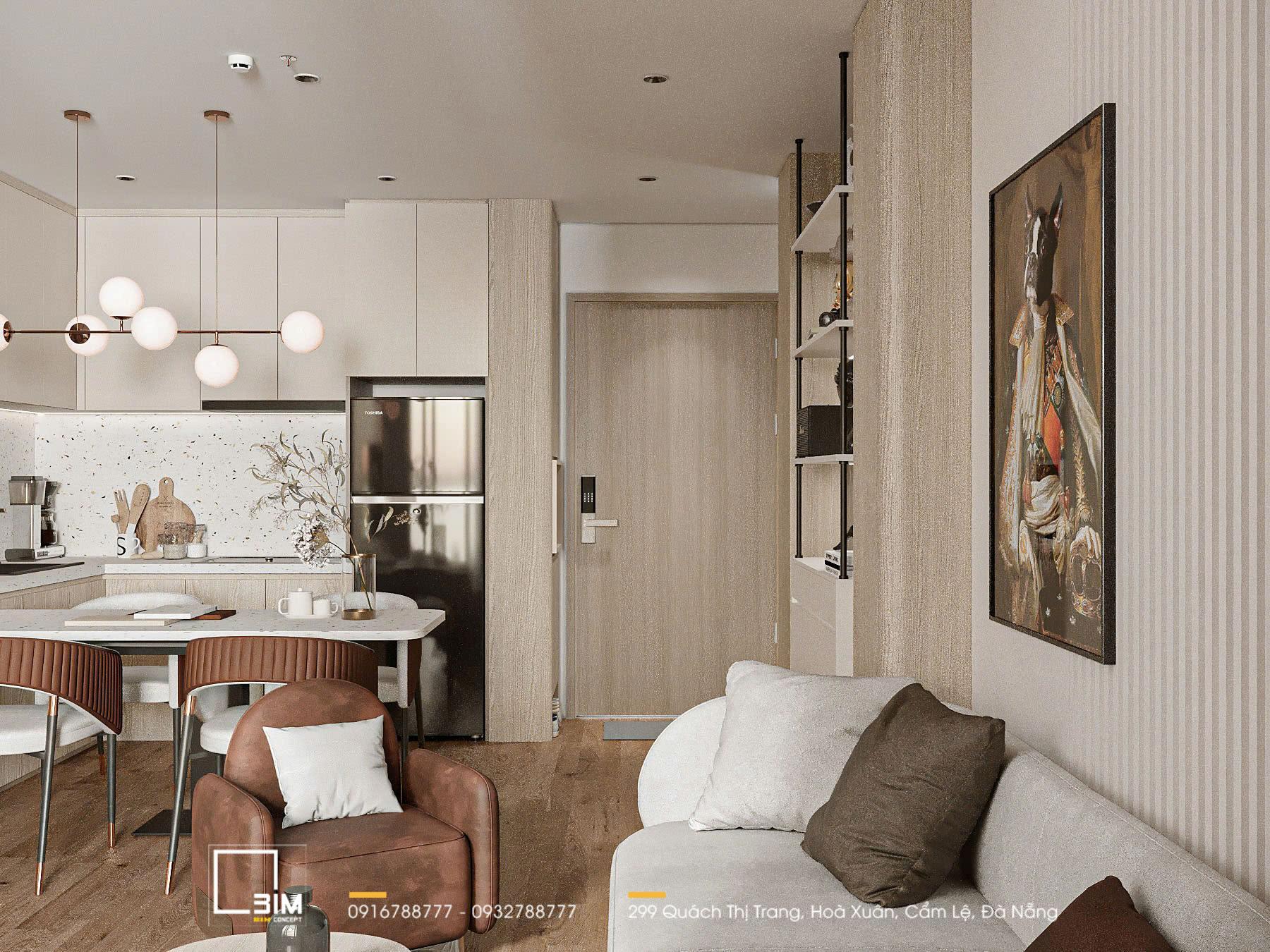 Không gian khách và bếp liên thông tạo tổng thể hài hòa