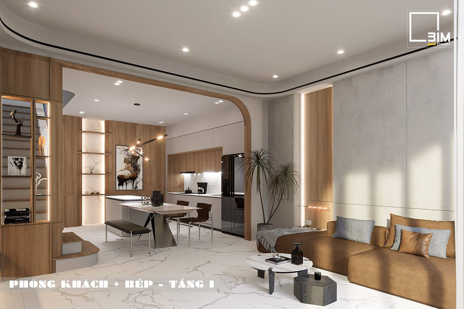Không gian phòng khách và bếp liên kết, hiện đại, thoáng đãng
