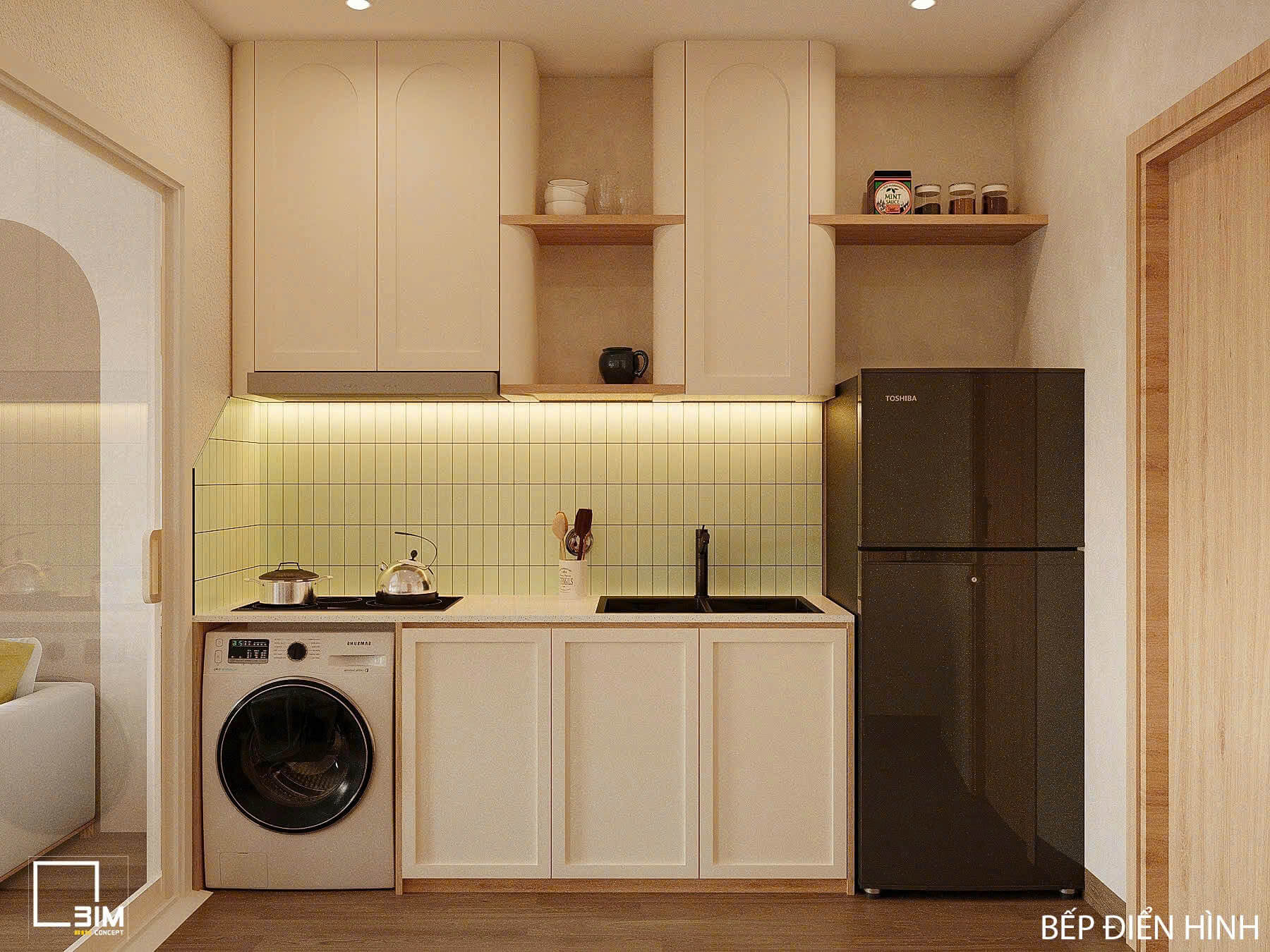 Khu bếp tiện nghi, đầy đủ với máy giặt và tủ lạnh