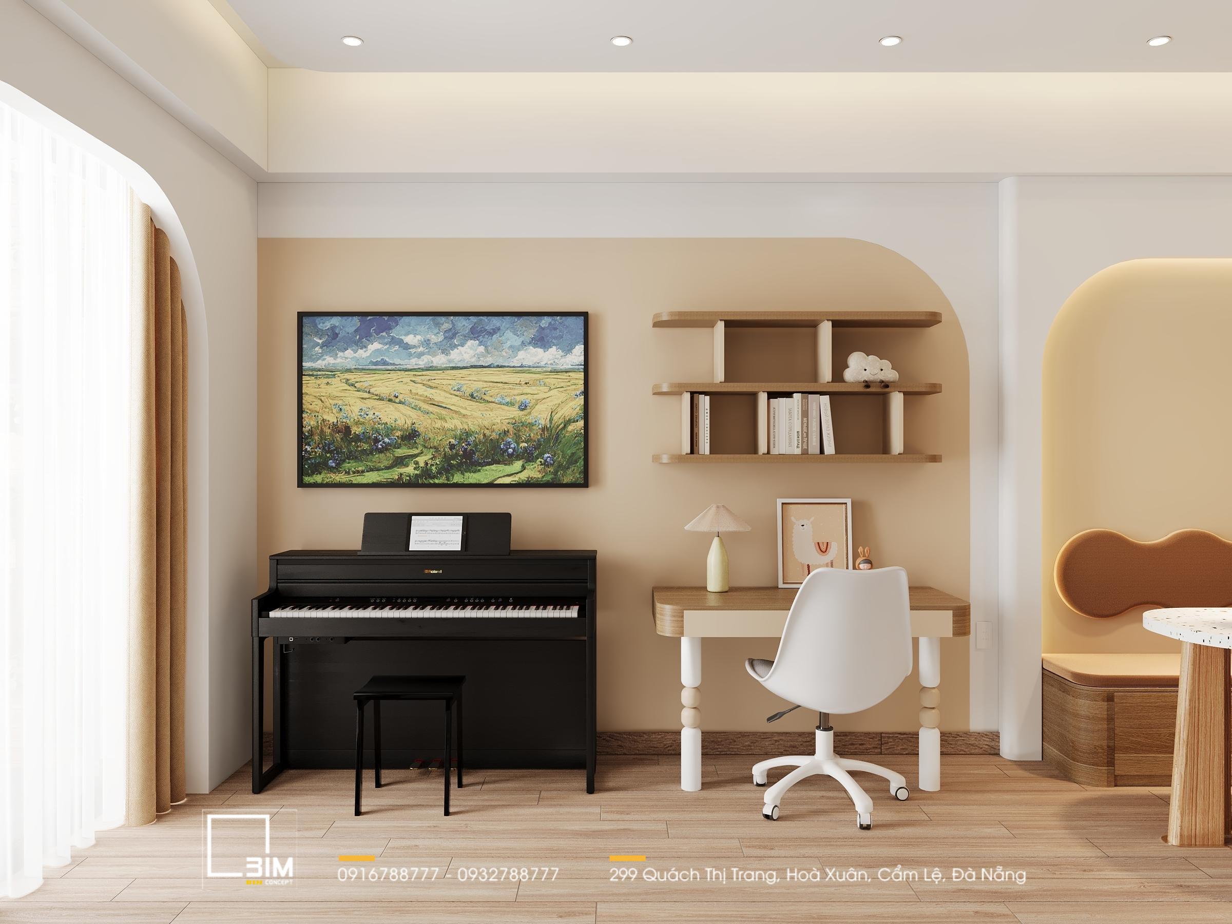 Khu vực làm việc và ăn uống, đàn piano tạo điểm nhấn