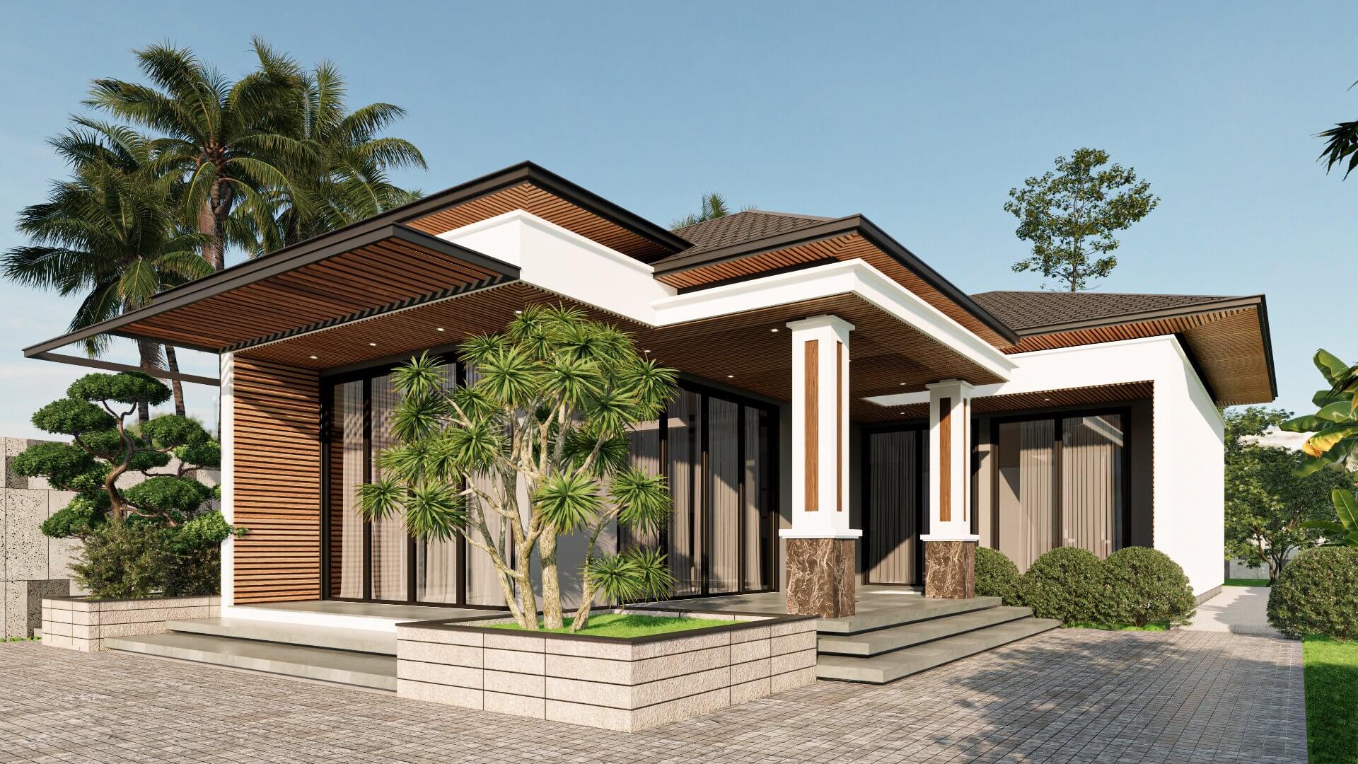Mẫu nhà vườn cấp 4 với sảnh chính và cột trụ ốp đá