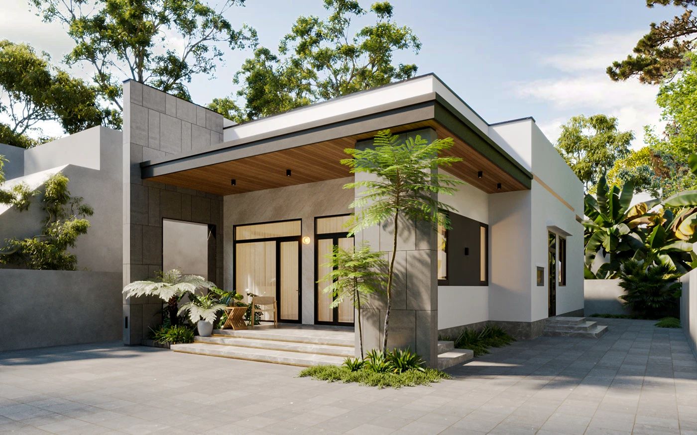 Nhà cấp 4 có mái bằng hiện đại, tối giản