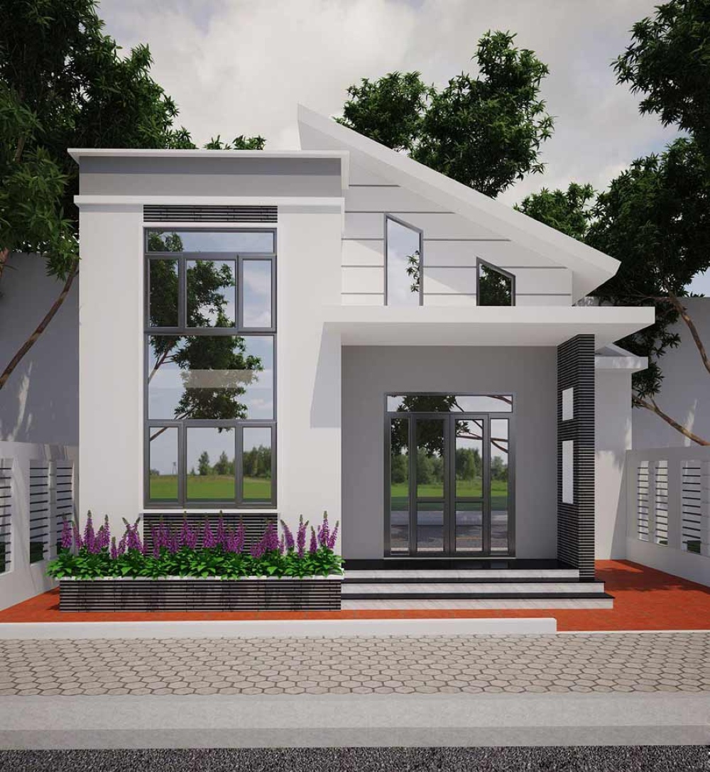Mẫu nhà cấp 4 gác lửng phong cách mái lệch đẹp mắt