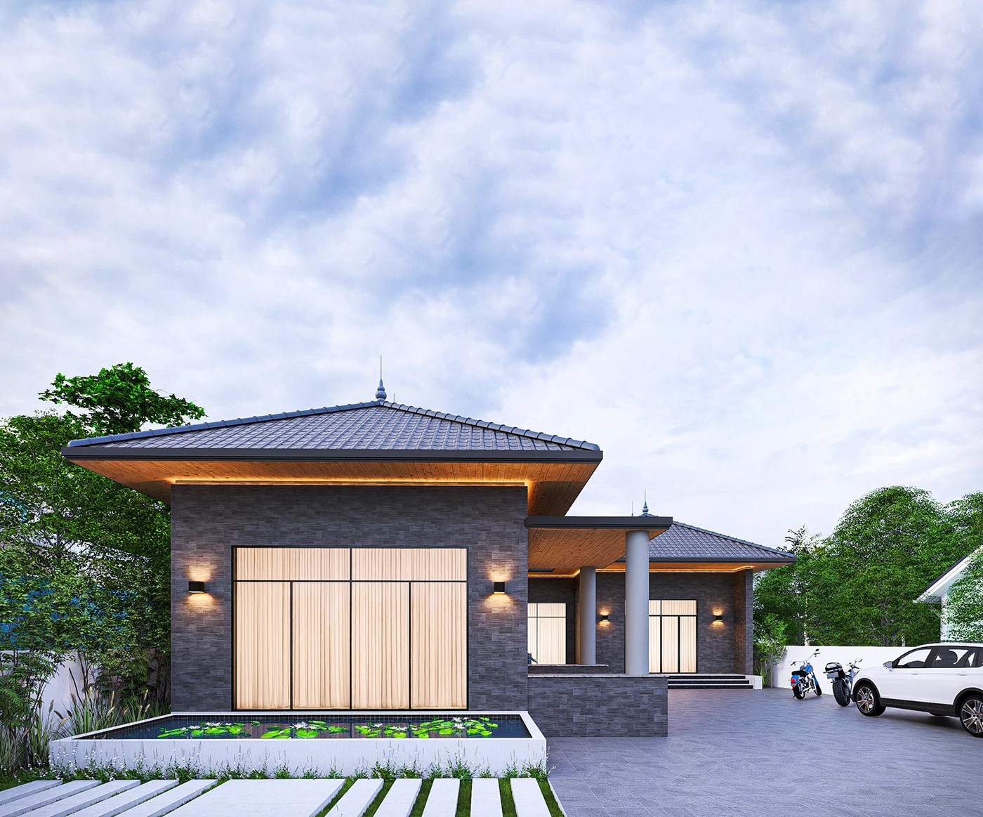 Nhà cấp 4 hiện đại mái Nhật với hồ nước trang trí