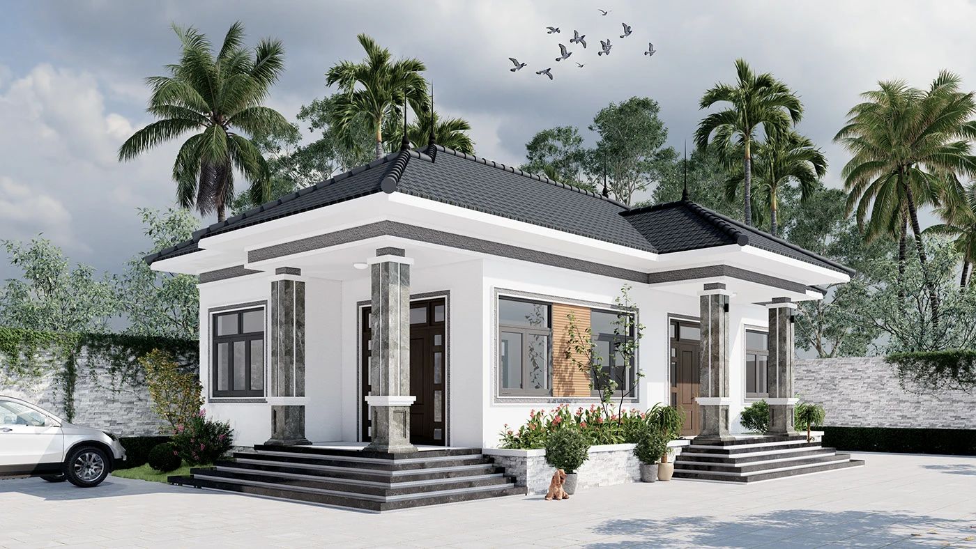 Mặt tiền nhà cấp 4 hiện đại, tiện nghi với tone màu trắng