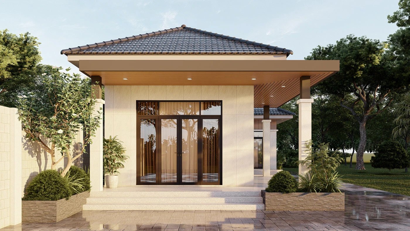 Nhà cấp 4 mái Nhật cửa kính lớn, thiết kế đơn giản