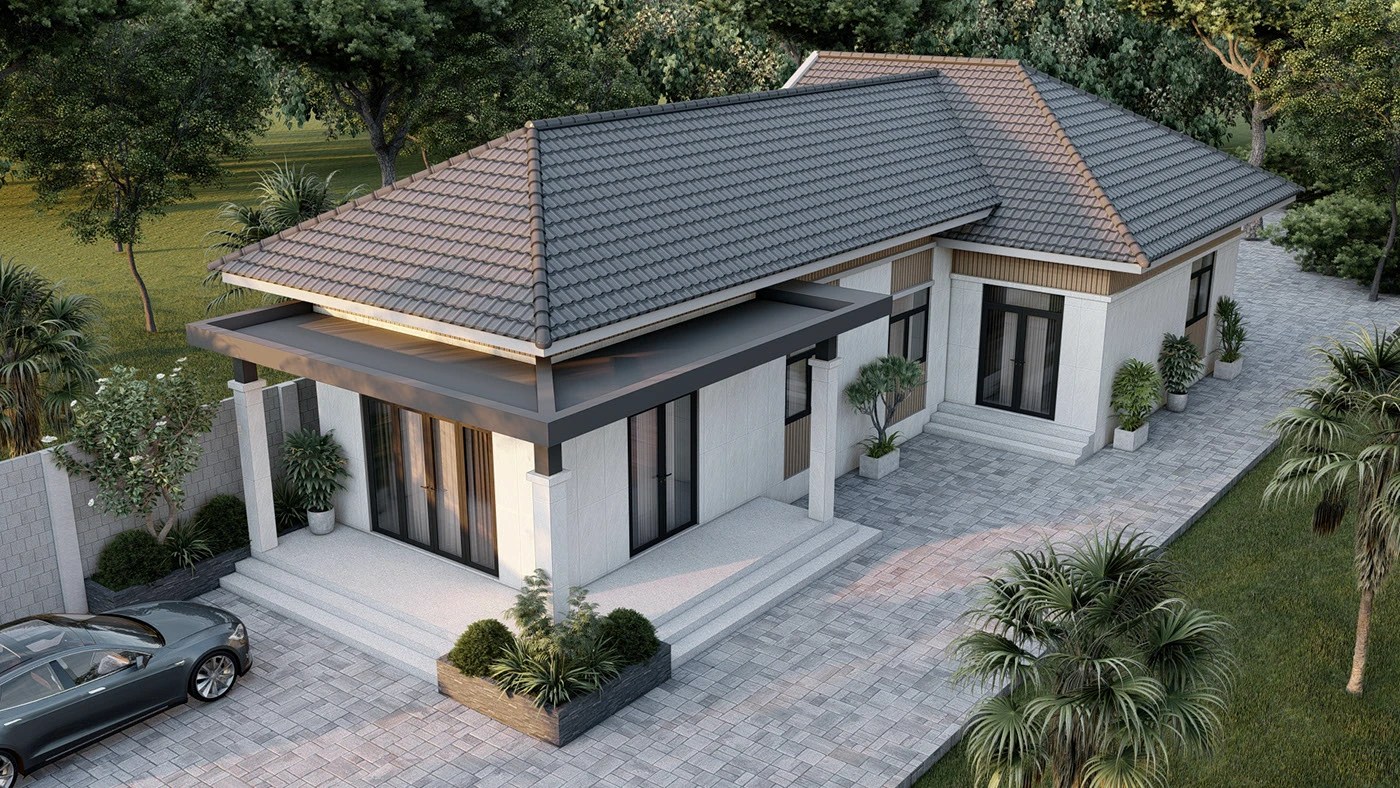 Mẫu nhà cấp 4 mái Thái chữ L 2 phòng ngủ