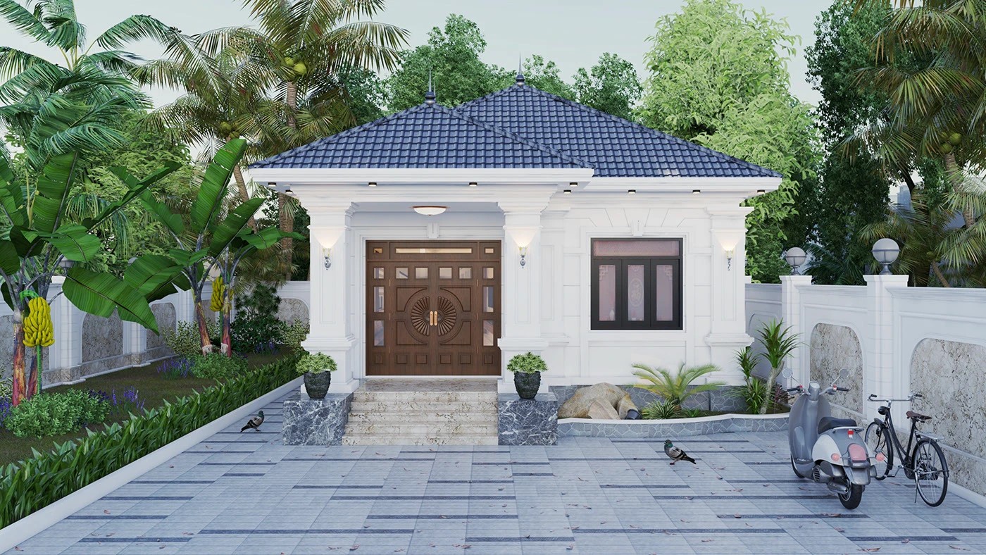 Nhà cấp 4 mái Nhật với sân vườn đường đi lát đá
