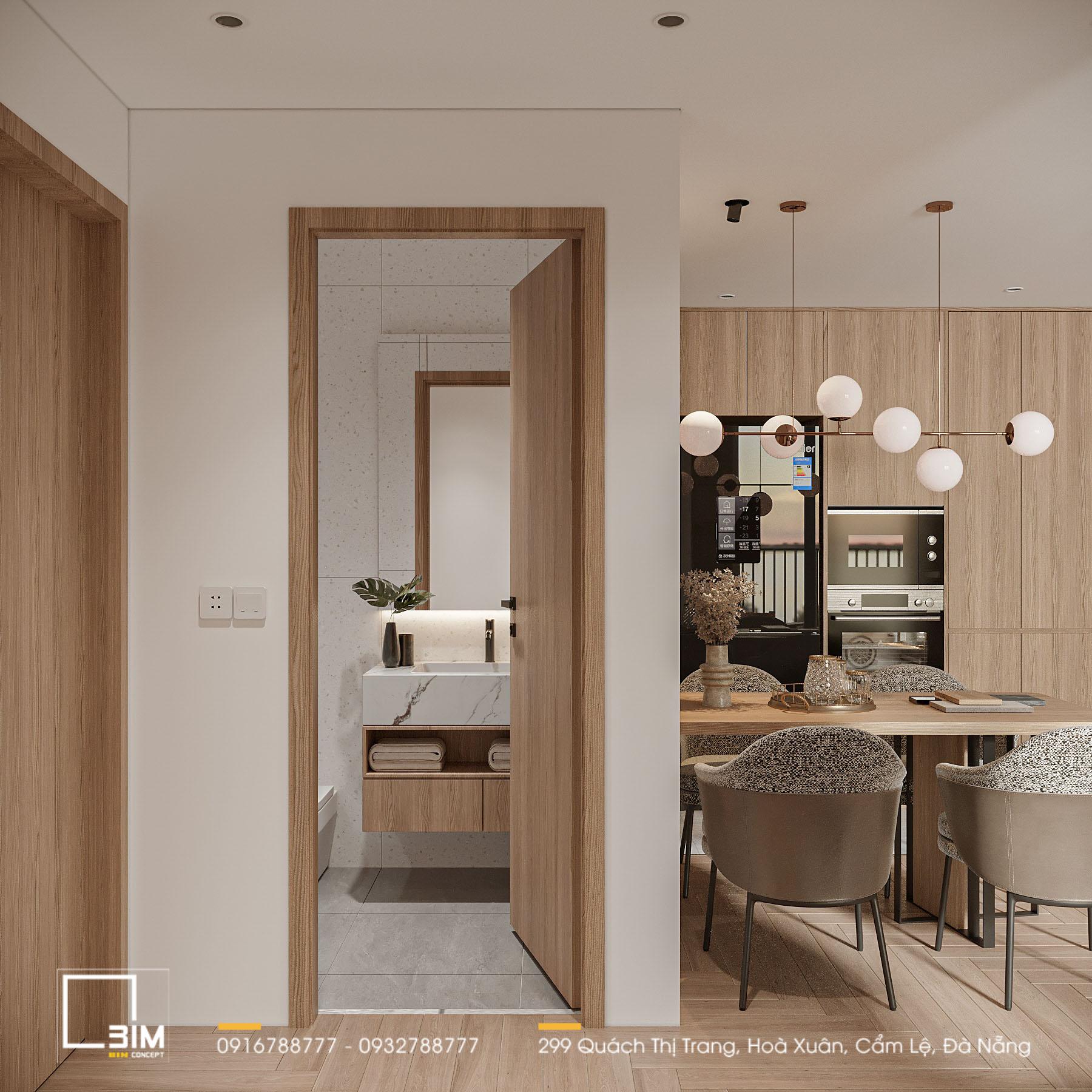 Thiết kế nội thất căn hộ 69m2, không gian mở phòng tắm, bếp