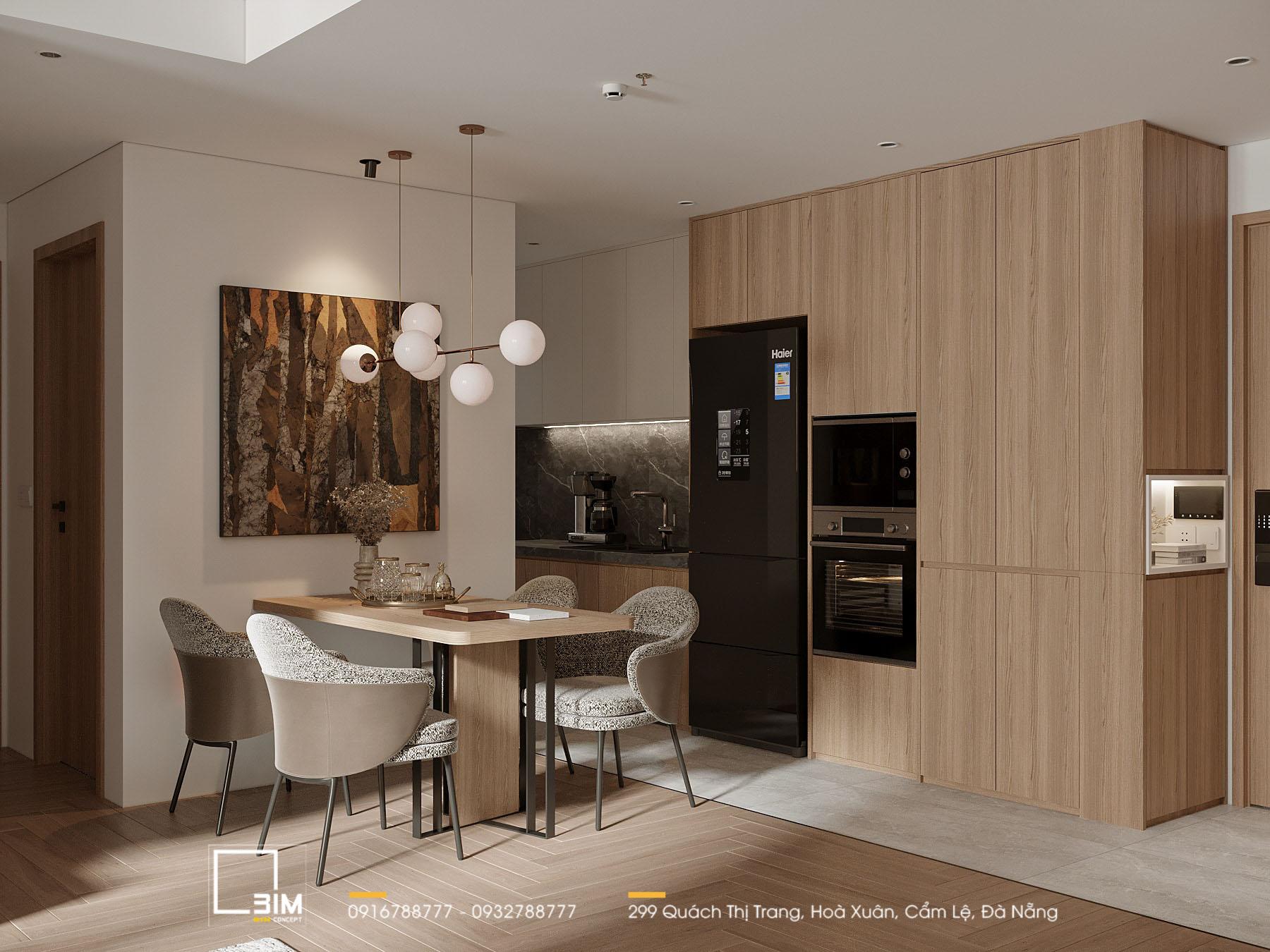 Thiết kế nội thất căn hộ 69m2: phòng ăn và bếp phong cách tối giản