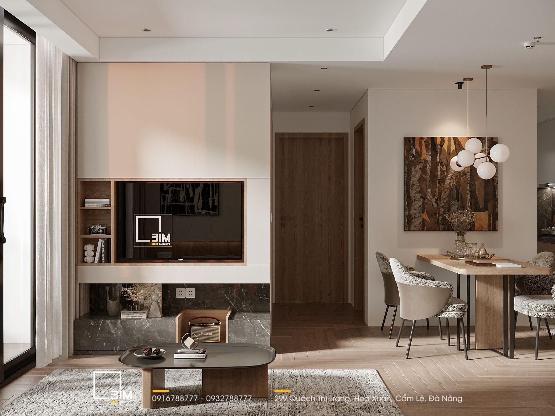 Nội thất căn hộ 69m2: phòng khách liền kề bàn ăn hiện đại
