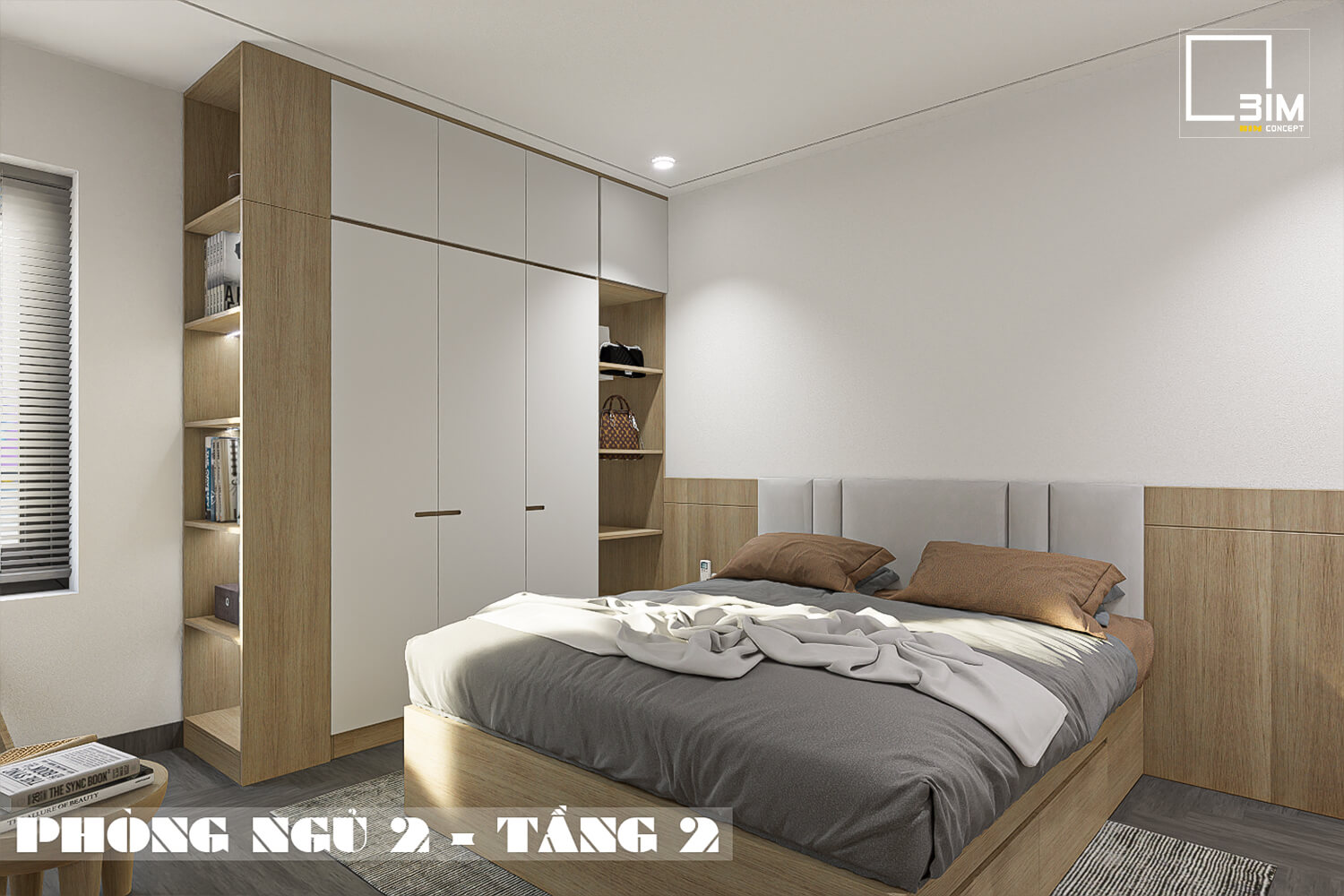 Nội thất phòng ngủ cho vợ chồng, giá sách, tủ quần áo