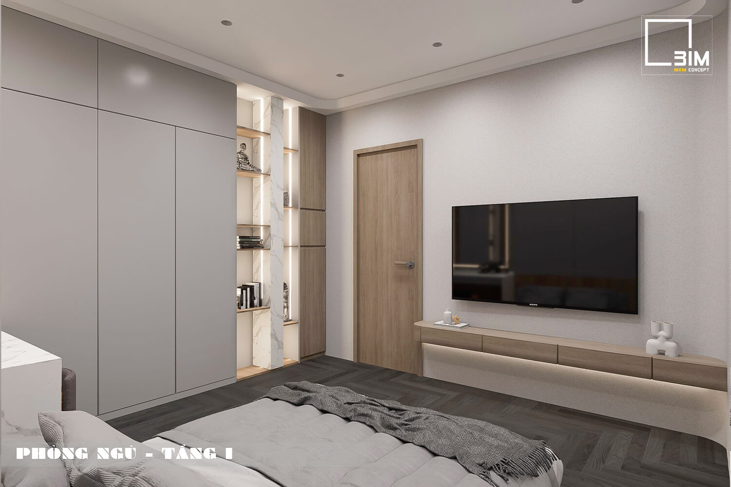 Nội thất nhà phố 2 tầng, phòng ngủ hiện đại, TV