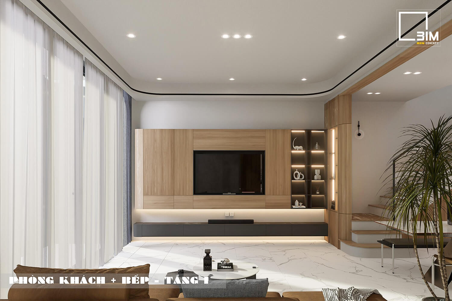 Nội thất phòng khách nhà phố 2 tầng, tối giản, sang trọng