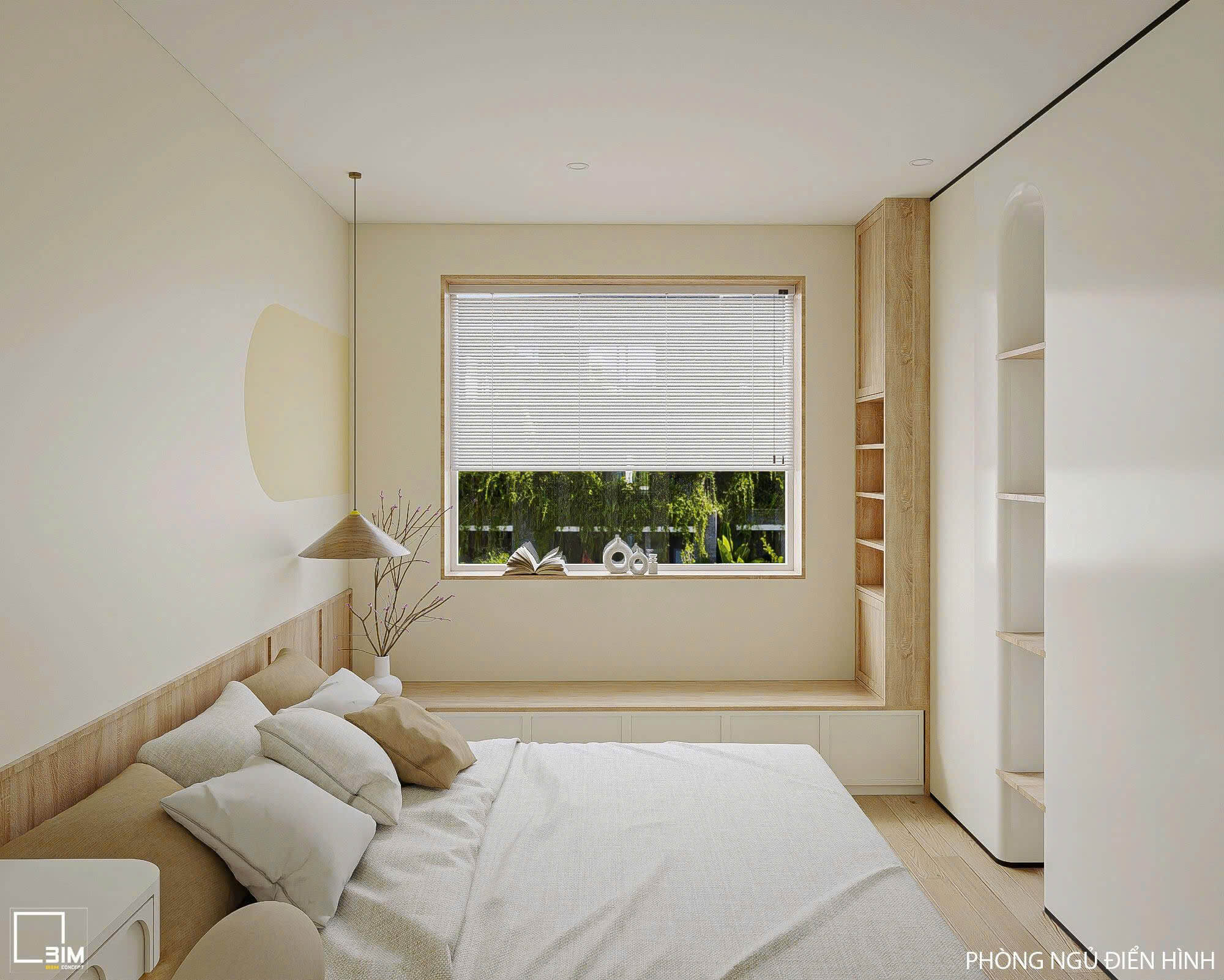 Nội thất phòng ngủ penthouse với cửa sổ lớn, tối giản